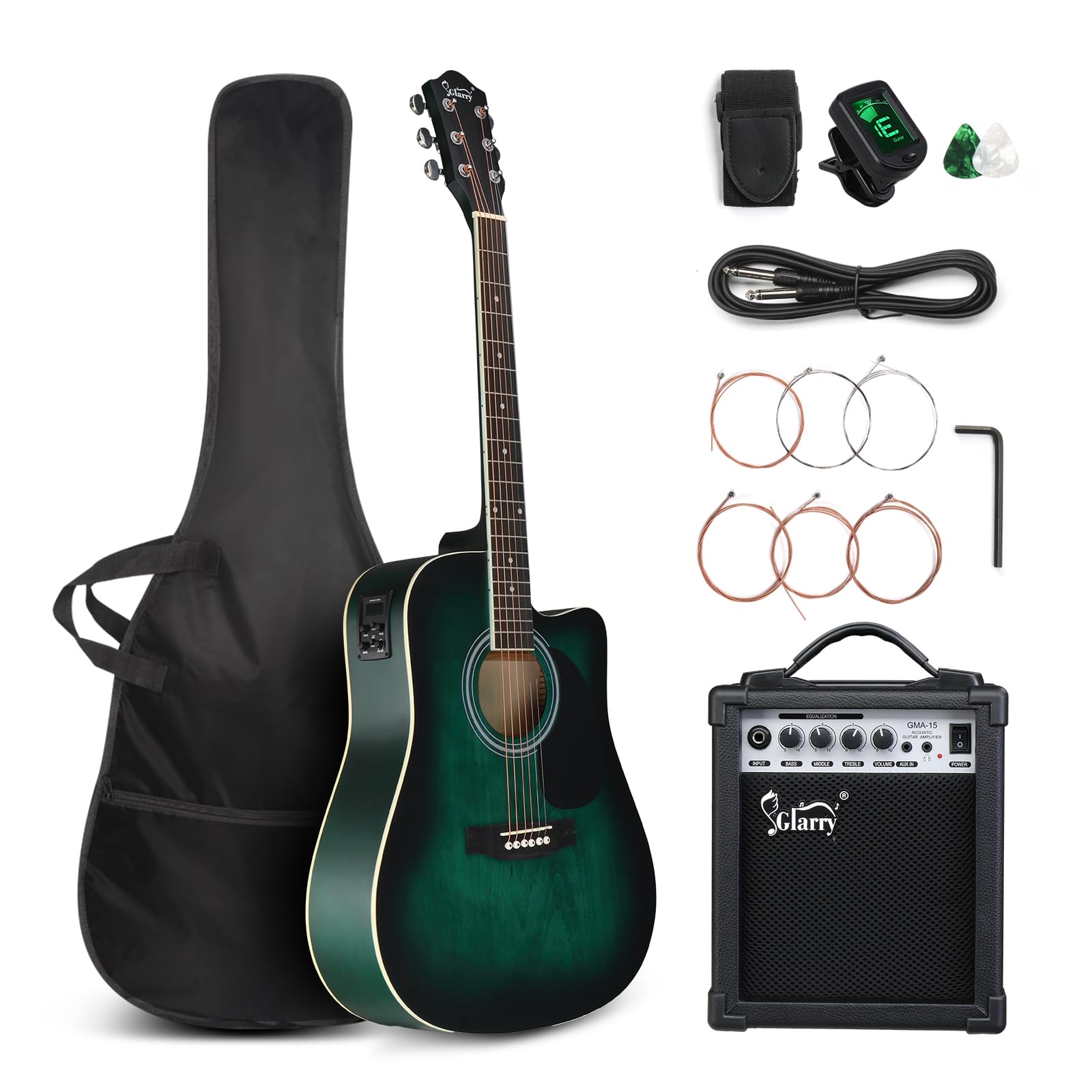 Glarry Full Size 6 Strings Acoustic Electric Guitar Beginner Kit W/ 15W Amp, Cutaway 41 Inch Electric Acoustic Guitar W/Inbuilt