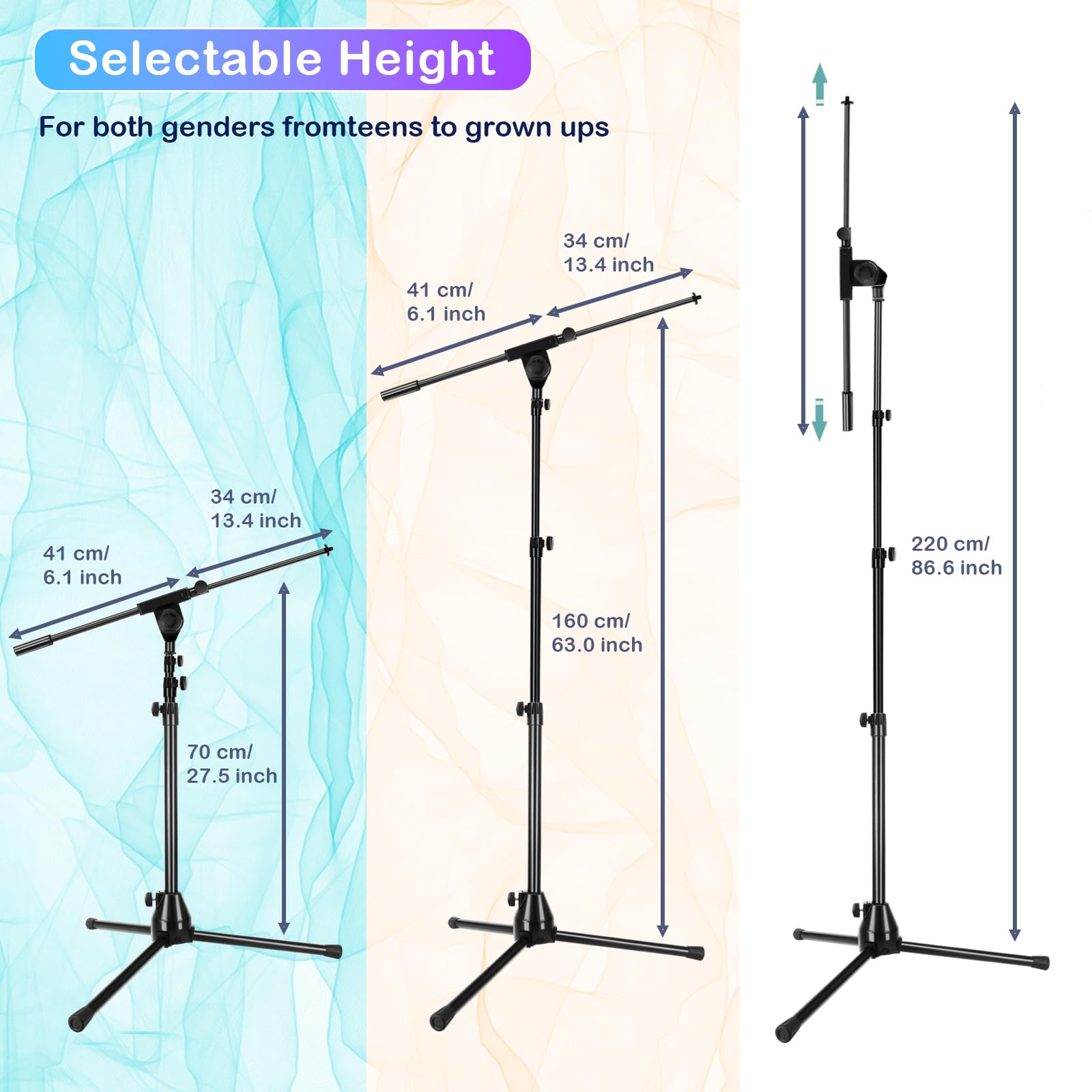 Microphone Stand Floor Standing Foldable Microphone Stand Heavy Duty Tripod Boom Arm with 2 Mic Clips and 3 Cable Clips, Mic Mou