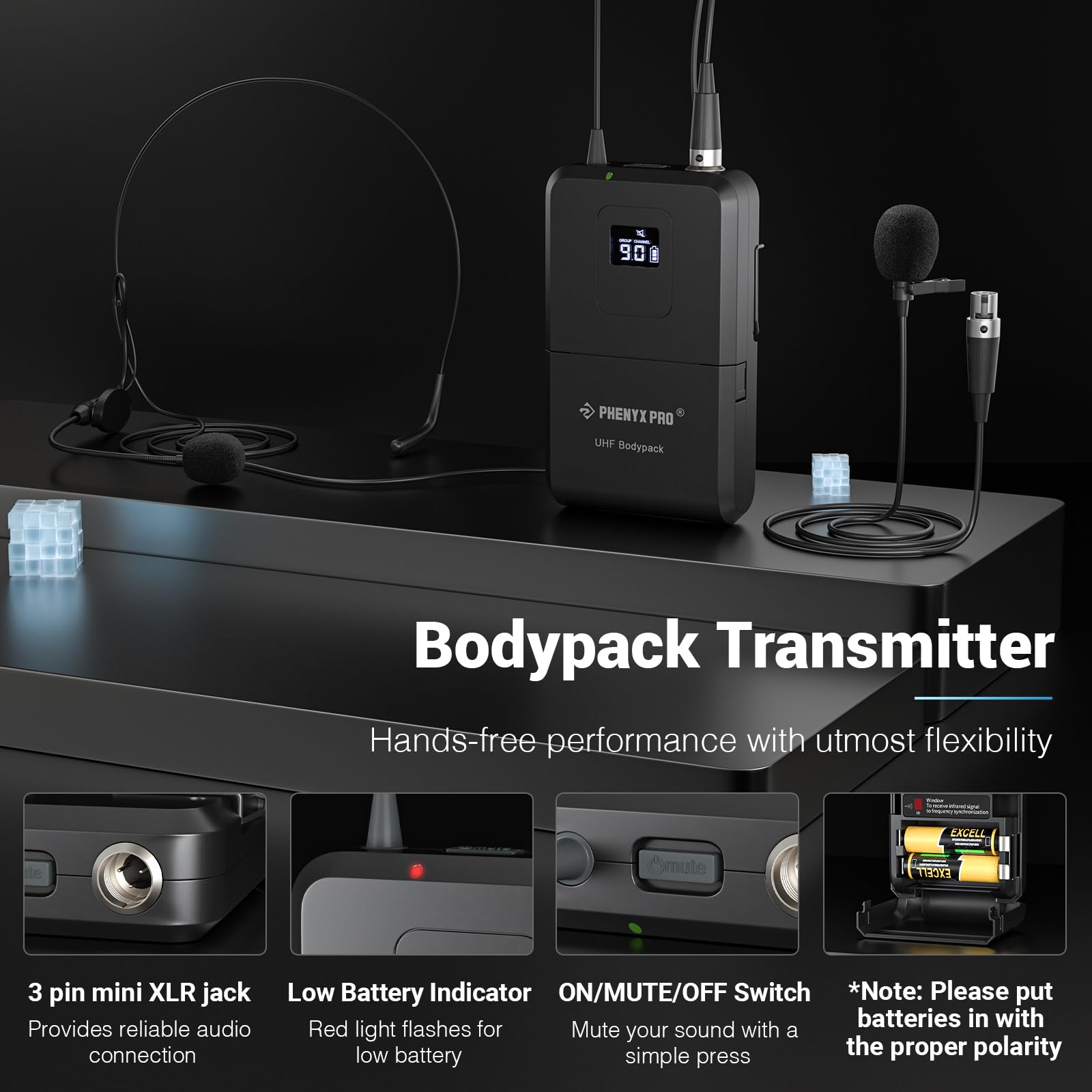 Phenyx Pro 4-Channel Wireless Microphone System w/Auto Scan, 4x40 UHF Frequencies, 2 Handheld Dynamic Mics, 2 Bodypacks & Headse