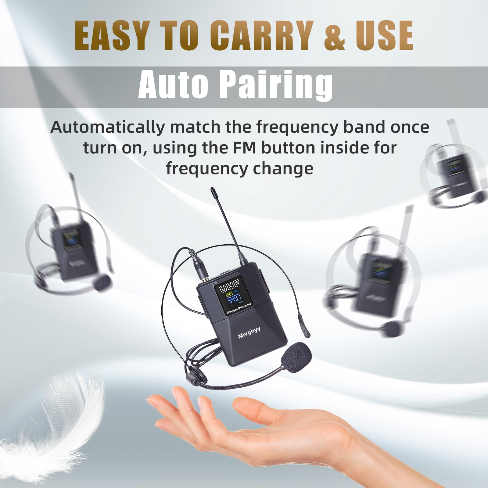 Wireless Microphones System with UHF Headset/Lavalier Lapel Mics, Bodypack Transmitter, 4 x 50 Channels, 164ft Range for Church