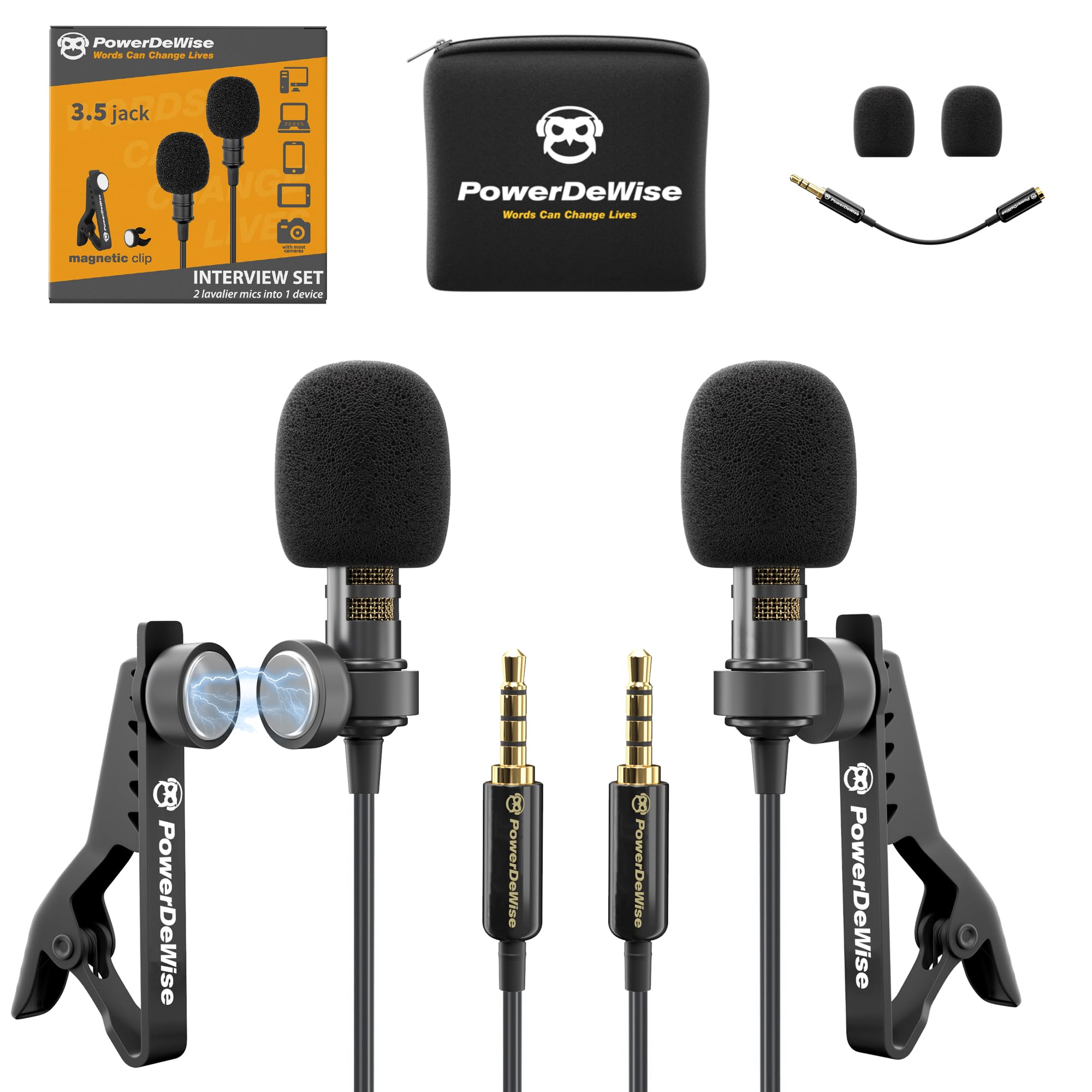 PowerDeWise Professional Grade 2 Lavalier Clip-On Microphones Set for Dual Interview - Double Lav Lapel Microphone - Use for iPh