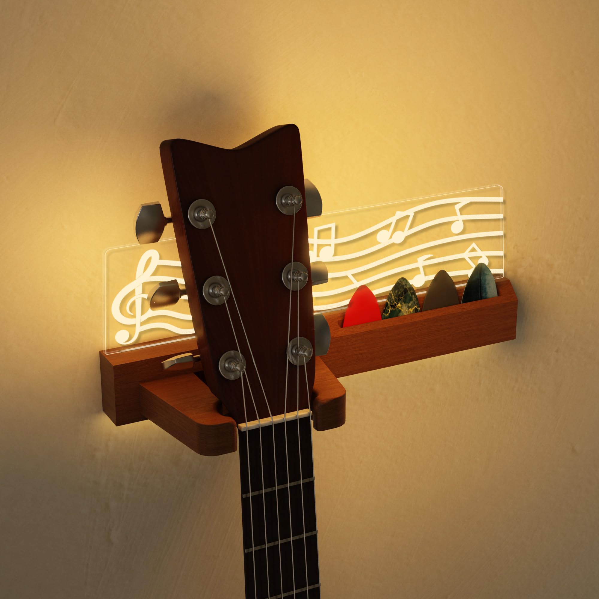 Coolgift Mart Light Up Guitar Stand Wall Mount, Solid Wood Guitar Hanger Shelf With Pick Holder, For Acoustic Electric Bass Ukul