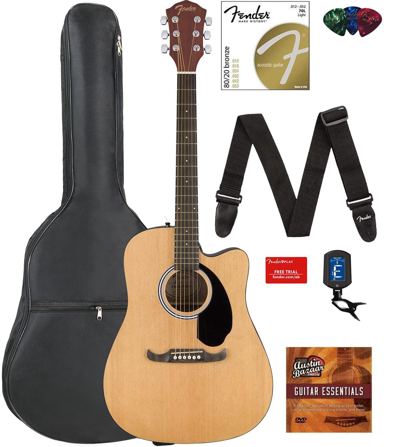 Fender Fa-125Ce Dreadnought Cutaway Acoustic-Electric Guitar - Natural Bundle With Gig Bag, Tuner, Strap, Strings, Picks, Fender