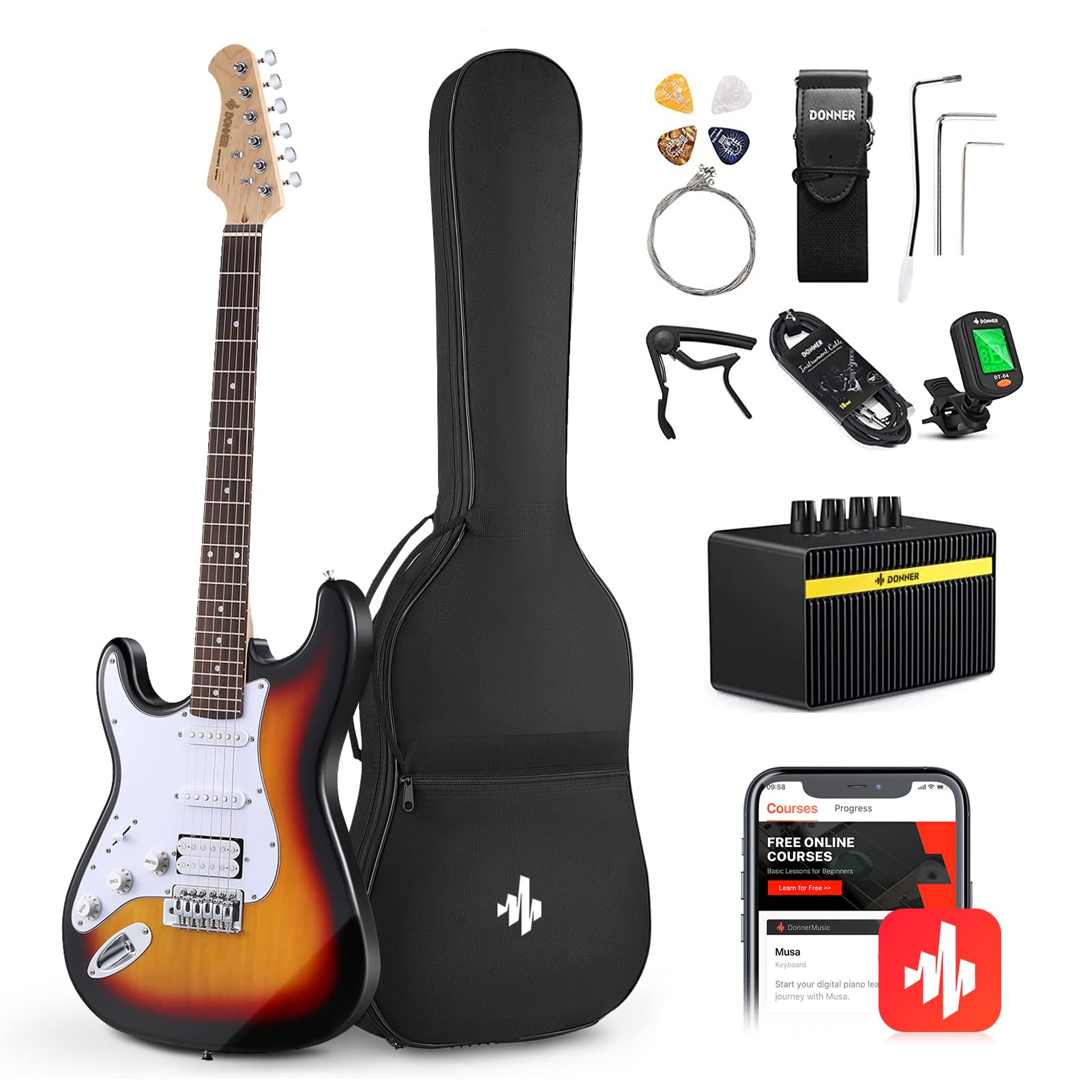 Donner 39 Inch Left-Handed Electric Guitar Kit Solid Body Sunburst Lefty Beginner Set Full-Size With Amplifier Online Lesson Bag
