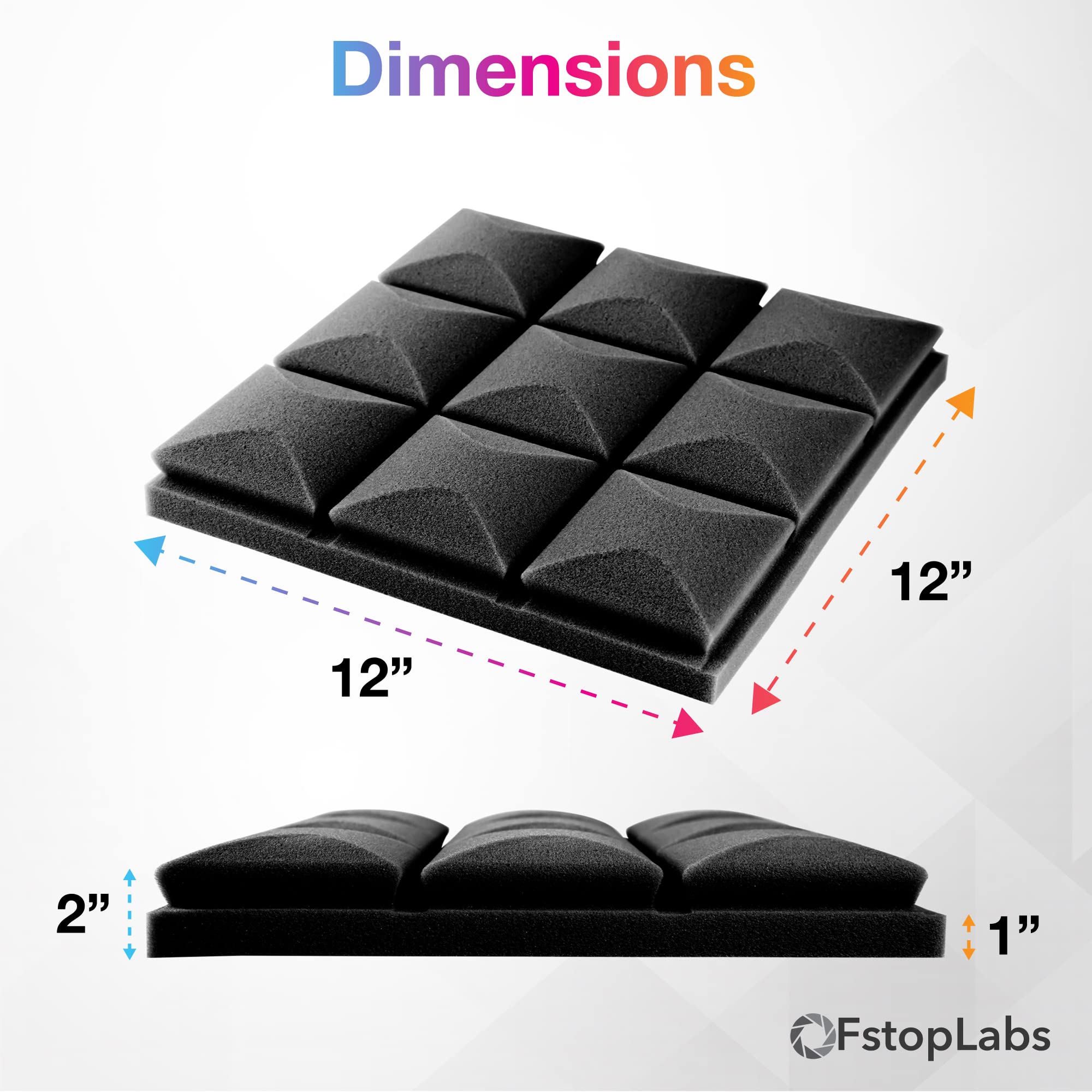 Fstop Labs Acoustic Foam Panels, 24 Pack Black 2'' X 12'' X 12'' Mushroom Studio Wedge Tiles, Sound Panels Sound Proof Foam Pane