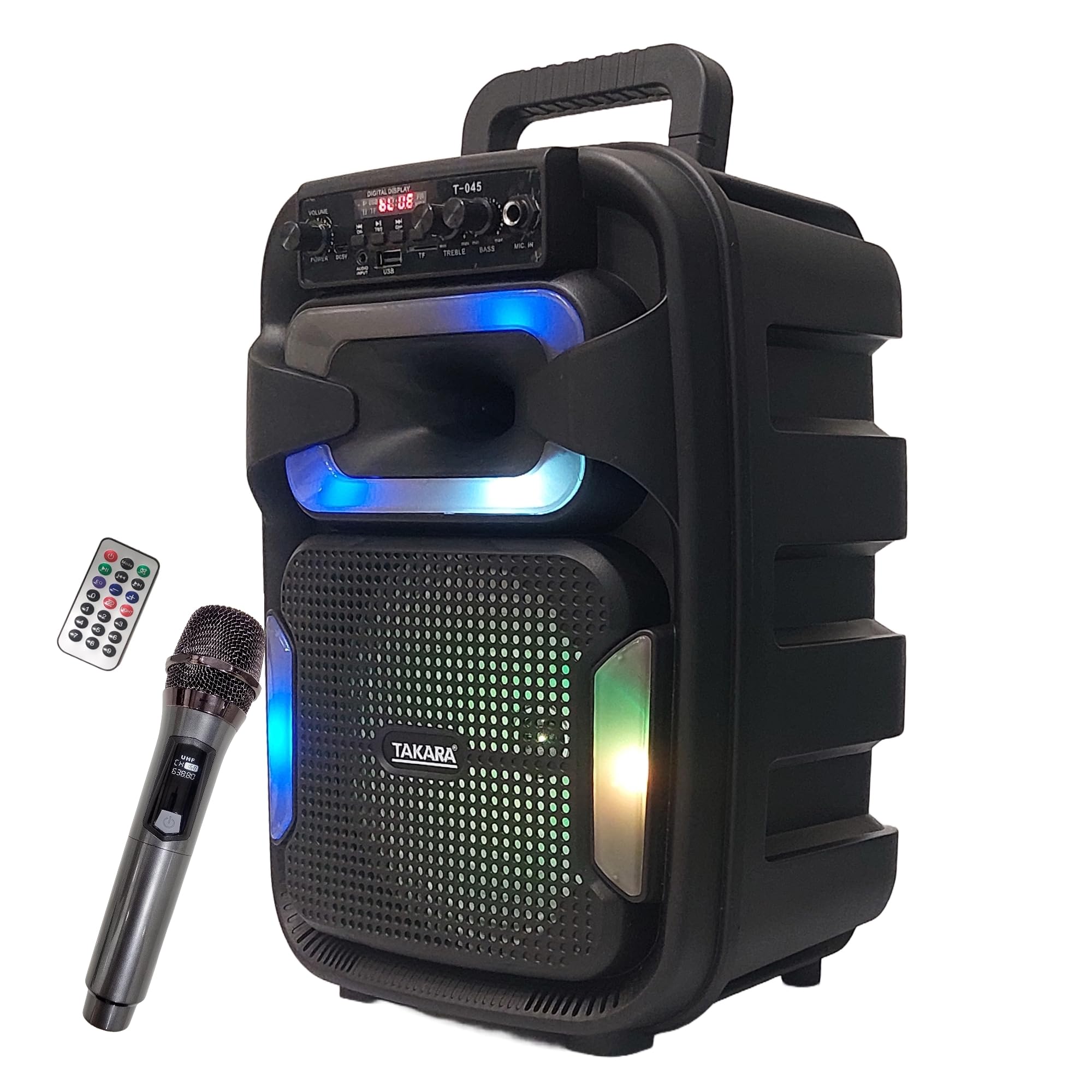 Takara T 045 Karaoke Speaker Rechargable With Wireless Uhf Rechargable Mic, Portable Bluetooth Speaker, Pa System Led Lights, Su