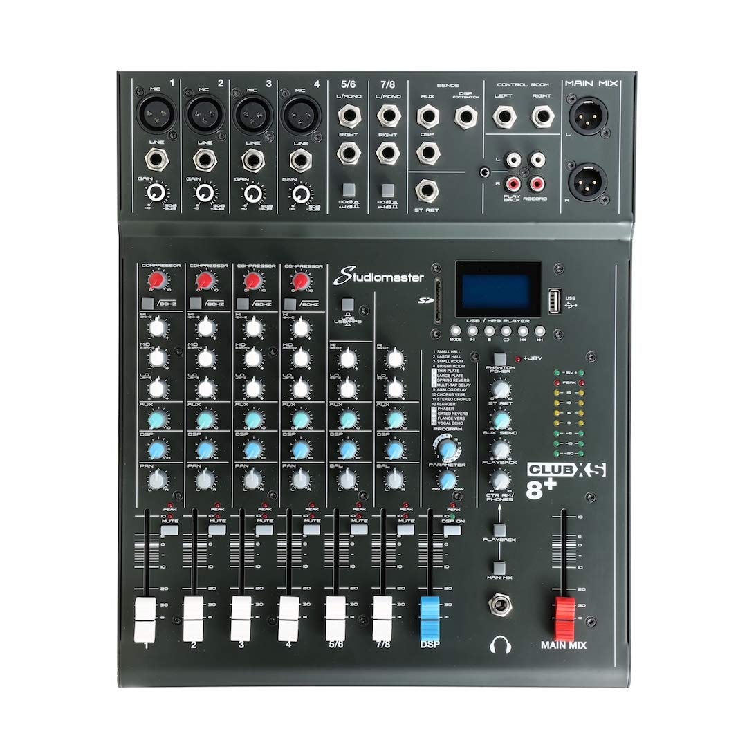 STUDIOMASTER CLUBXS8 8-Inputs 4 Mic / 2 Stereo Channel Audio Mixer Analog Mixing Console with Mix Board DSP USB MP3 8 inputs 4 m