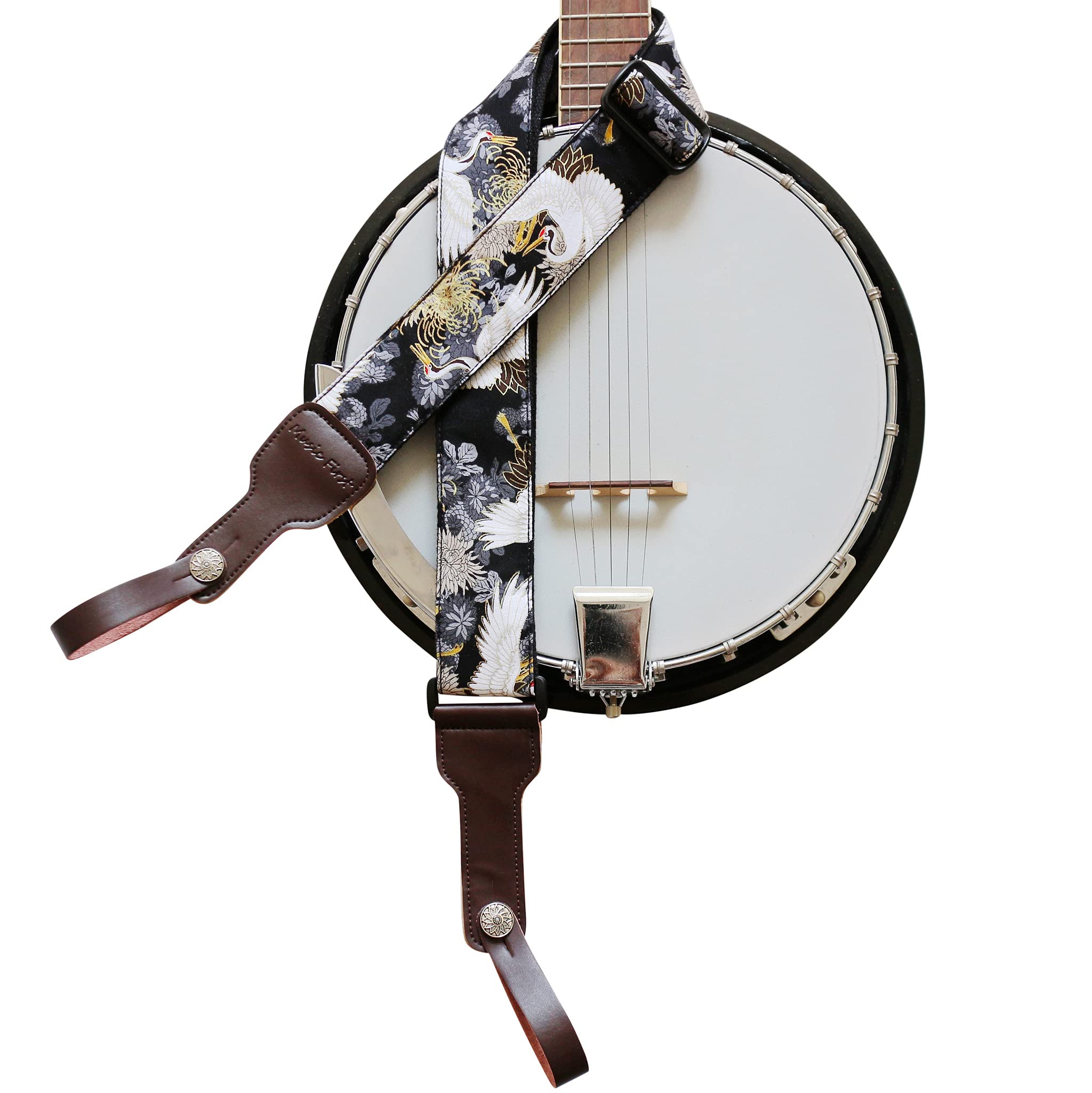 Music First, 2 Inch Width (5Cm), Padded, Vintage Ukiyoe Style ''Chrysanthemum & Crane In Black '' Soft Muslin & Genuine Leather