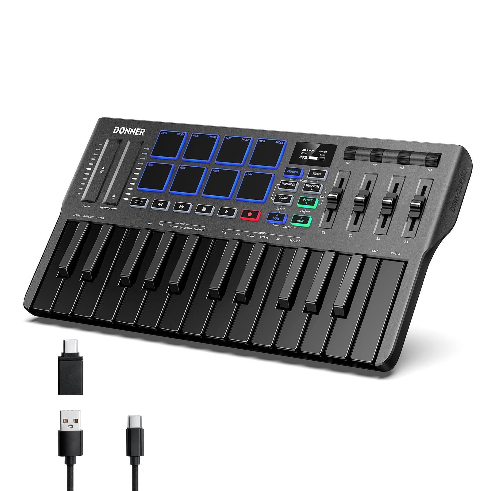 Donner DMK25 Pro MIDI Keyboard Controller, 25 Mini Key Portable USB-C MIDI Keyboard with 8 Drum Pads, OLED Display, Personalized