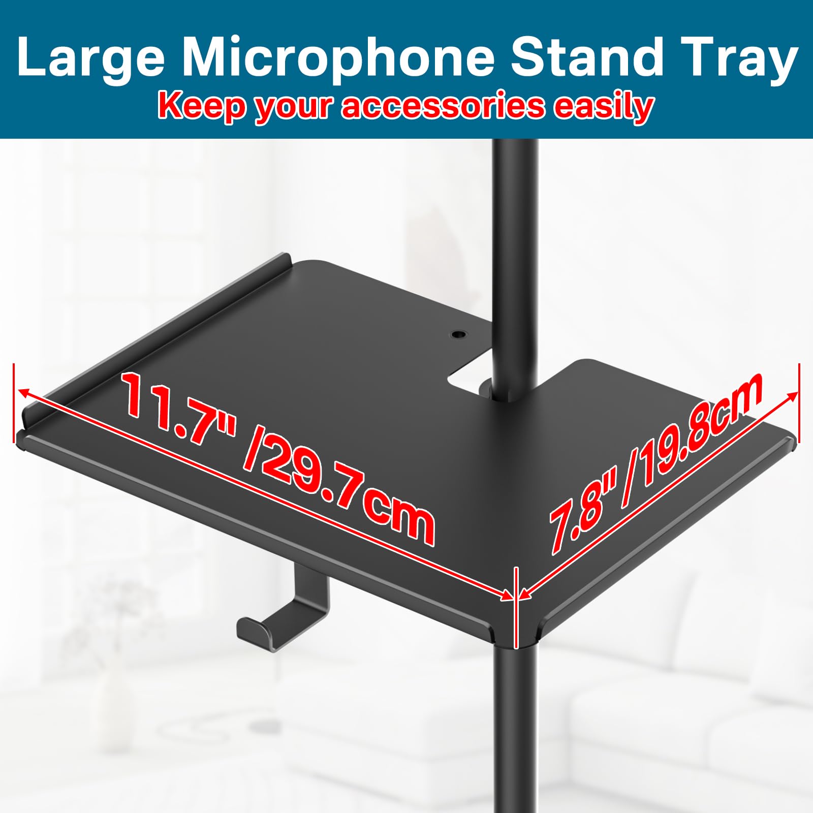 Functional Metal Microphone Stand Tray with Phone Holder - Universal Large Mic Stand Tray Shelf Clamp on Music Stand Tray Attach