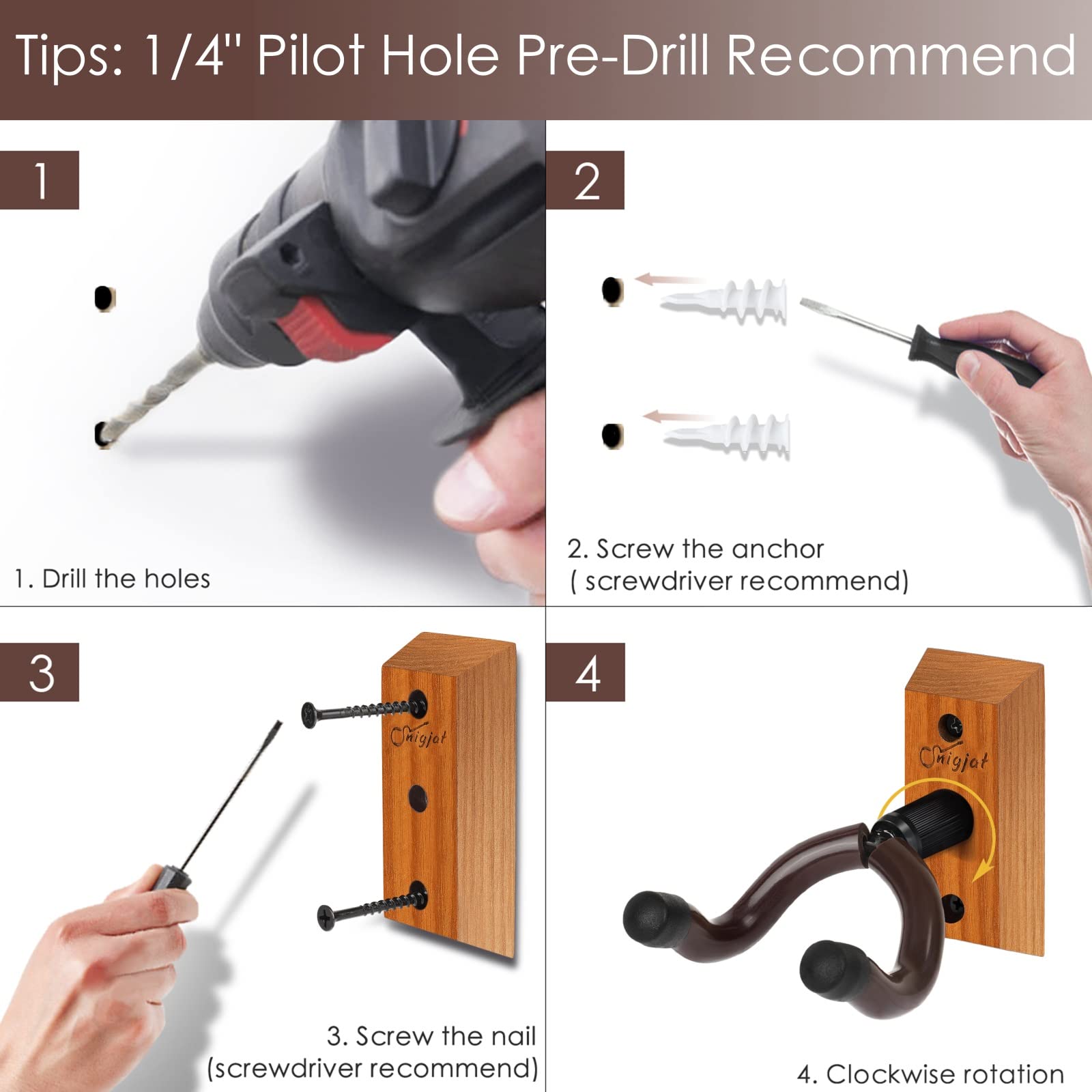 Guitar Hanger - Guitar Wall Mount 2 pack, Hardwood Guitar Wall Hanger with Screws, V-Shaped Guitar Mount Hanger Hook Holder Stan