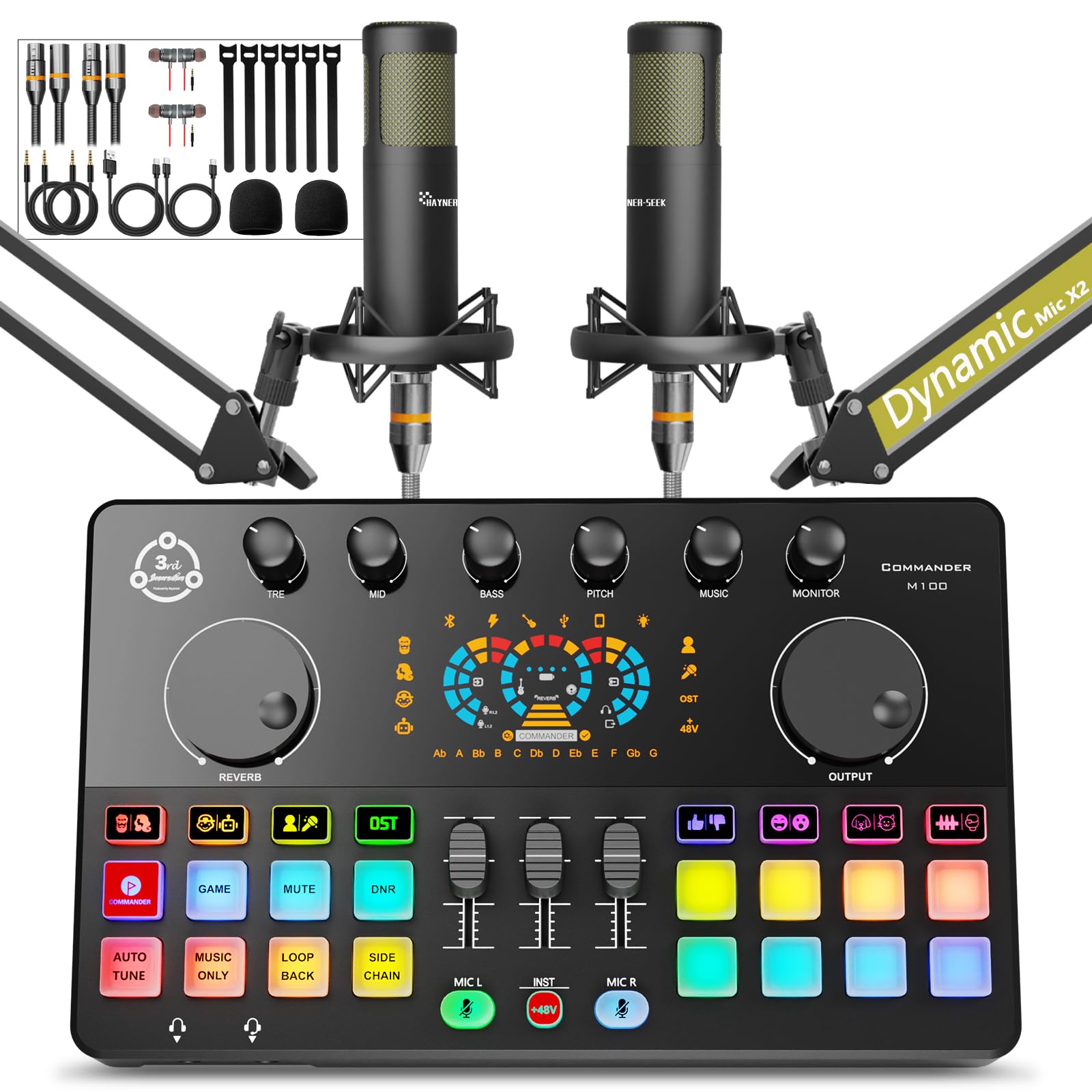 Podcast Equipment Bundle for 2, Audio Mixer with XLR Dynamic Microphone, Voice Change,RGB for Vocal Recording Podcasting,Streami