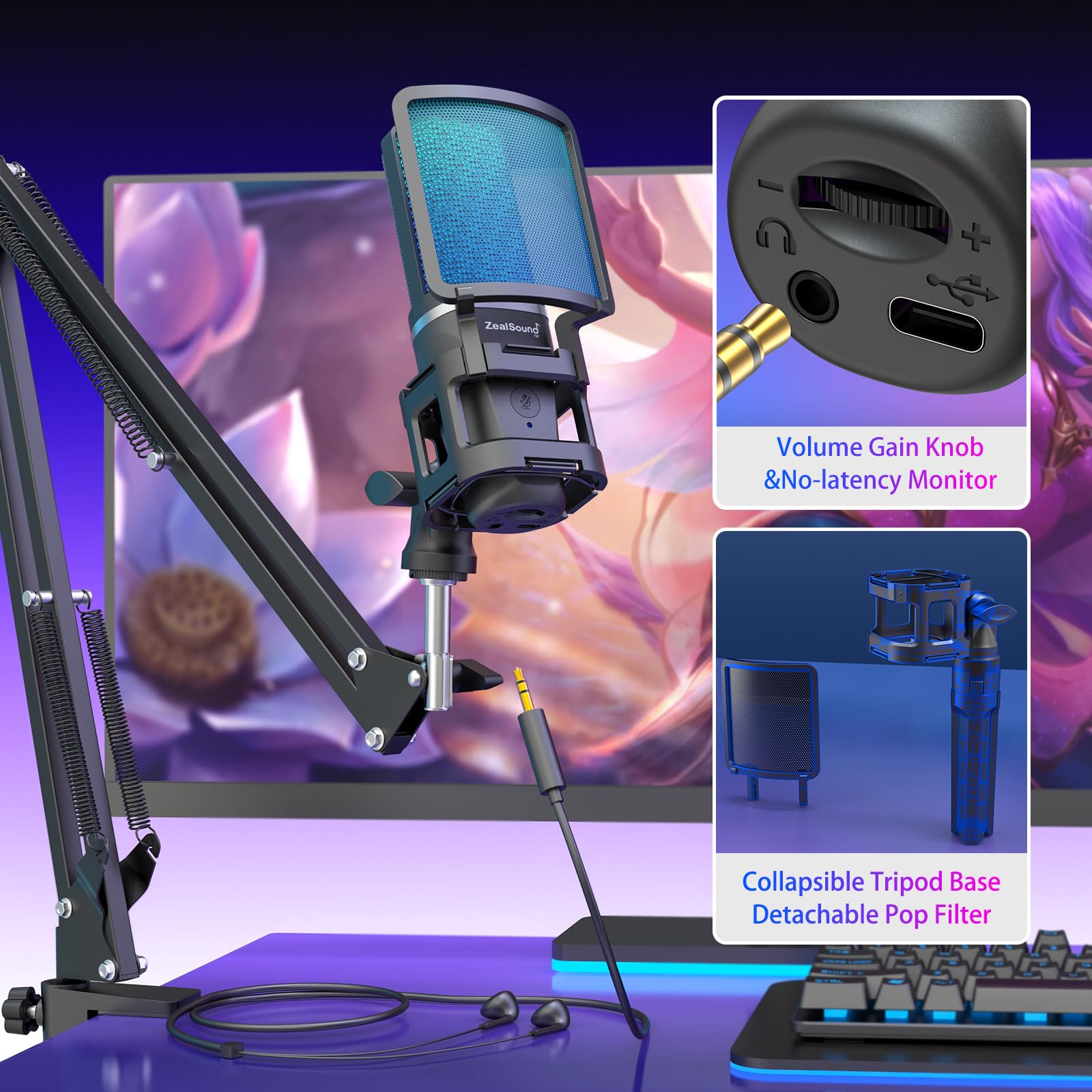ZealSound Gaming USB Microphone,Noise Cancellation Condenser mic,RGB Microphone with Mute,Gain,Monitoring,Boom Arm,Pop Filter fo