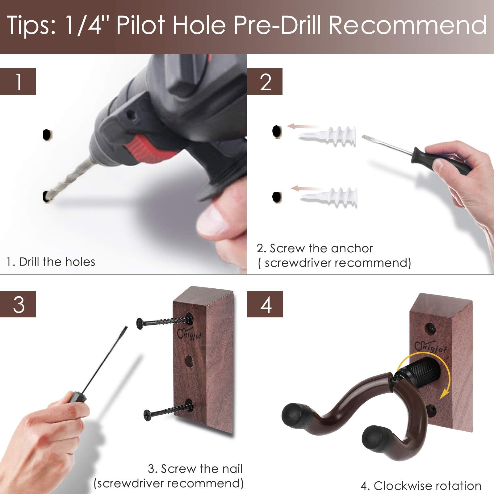 SNIGJAT Guitar Wall Hanger, 2 Pack Guitar Wall Mount, Guitar Hanger Wall Hook Holder Stand with Screws, Hardwood Guitar Wall Mou