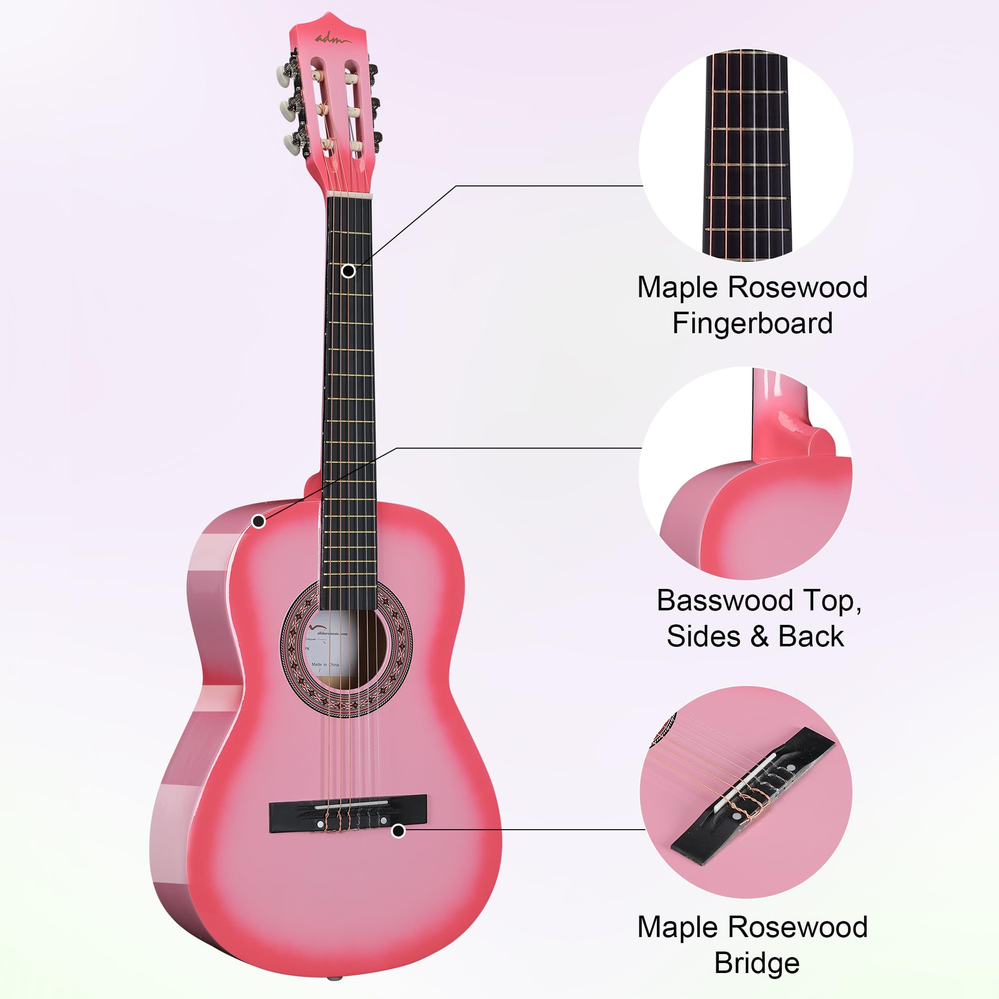 ADM Beginner Acoustic Classical Guitar 36 Inch Nylon Strings Wooden Guitar Bundle Kit for Kid Boy Girl Student Youth Guitarra On