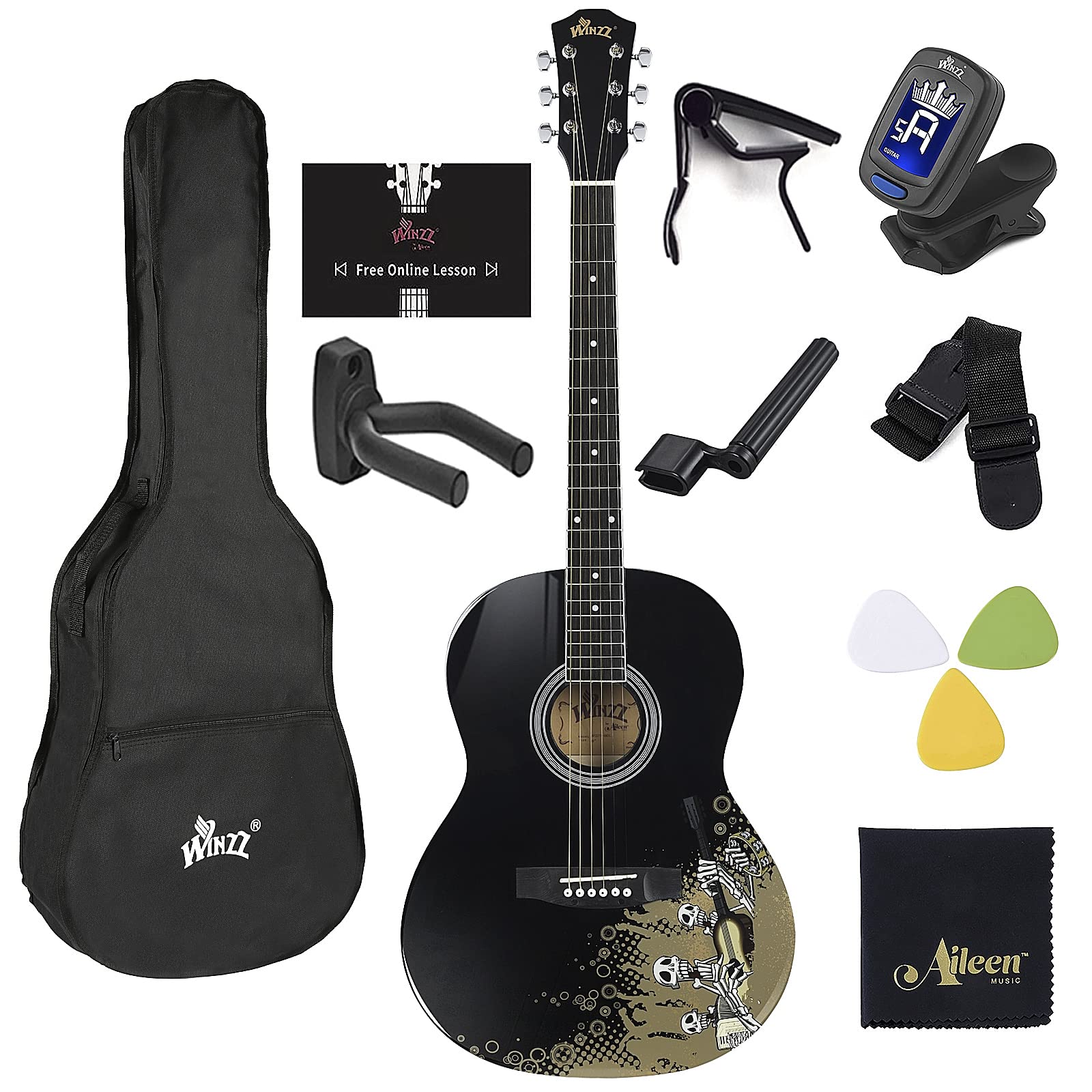 Winzz Af227A 39 Inches Concert Acoustic Acustica Guitar With Full Kit, Rock Skull