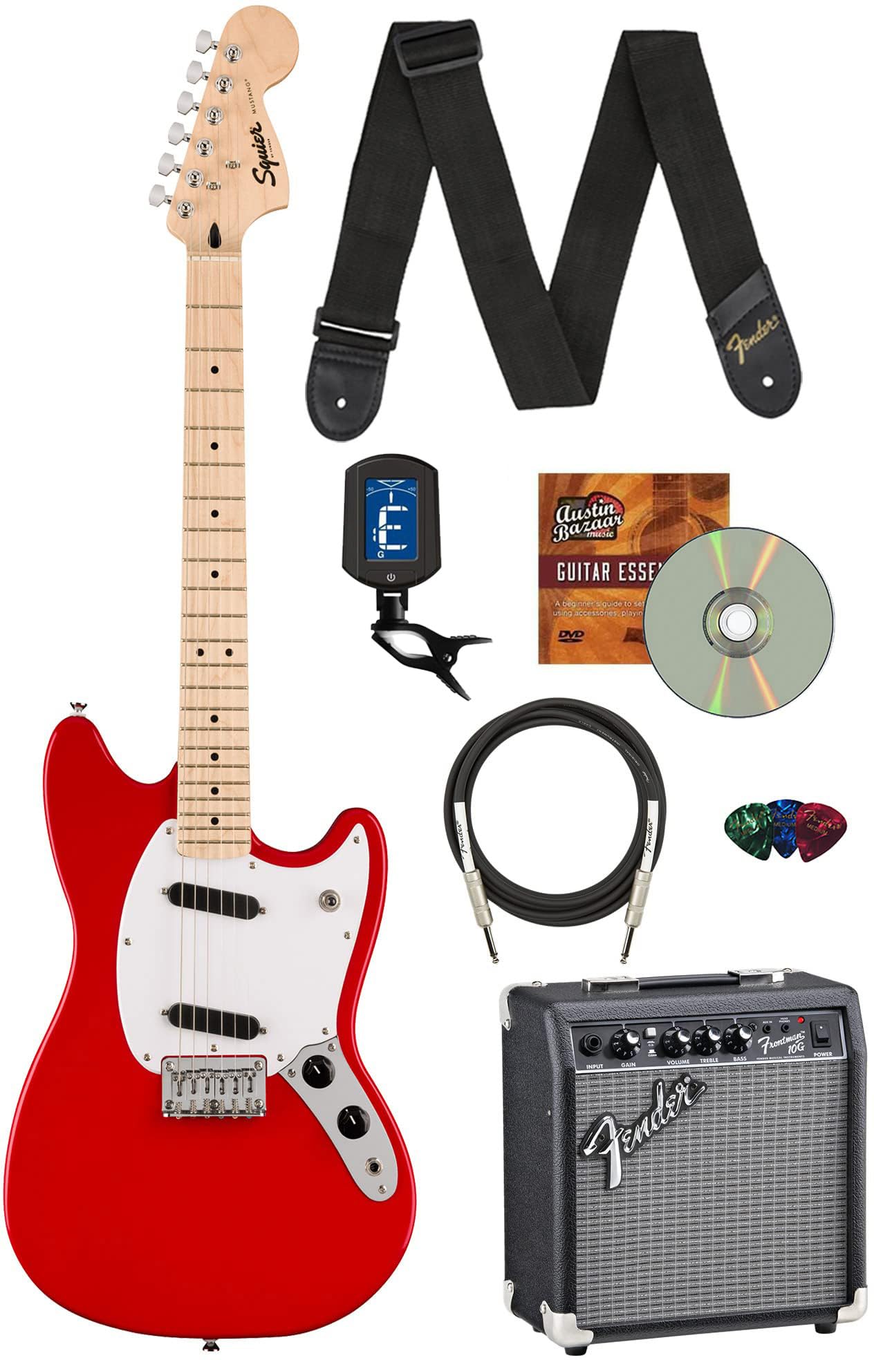 Fender Squier Sonic Mustang, Maple Fingerboard, Ss Electric Guitar Bundle With Frontman 10G Amplifier, Guitar Cable, Tuner, Guit