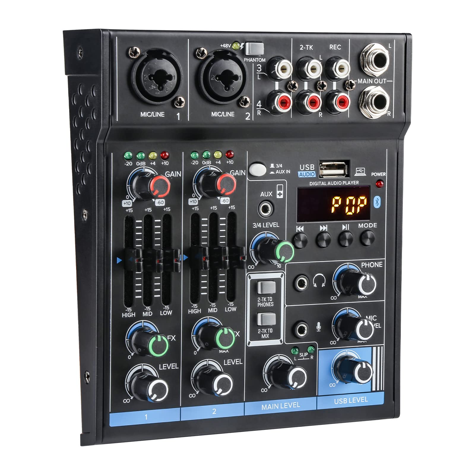 Dj Mixers 4 Channel Audio Mixer Sound Board with Bluetooth, Usb Audio Interface with 48V Phantom Power Sounds Mixer Board with F