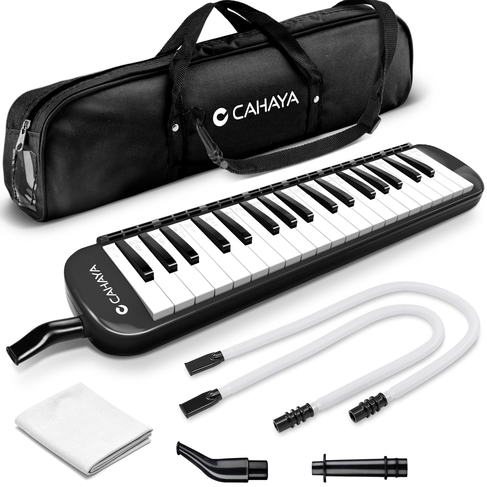 CAHAYA Melodica 37 Keys with Carrying Bag and 2 with Mouthpieces Air Piano Keyboard Musical Instrument for Kids and Adults, Blac