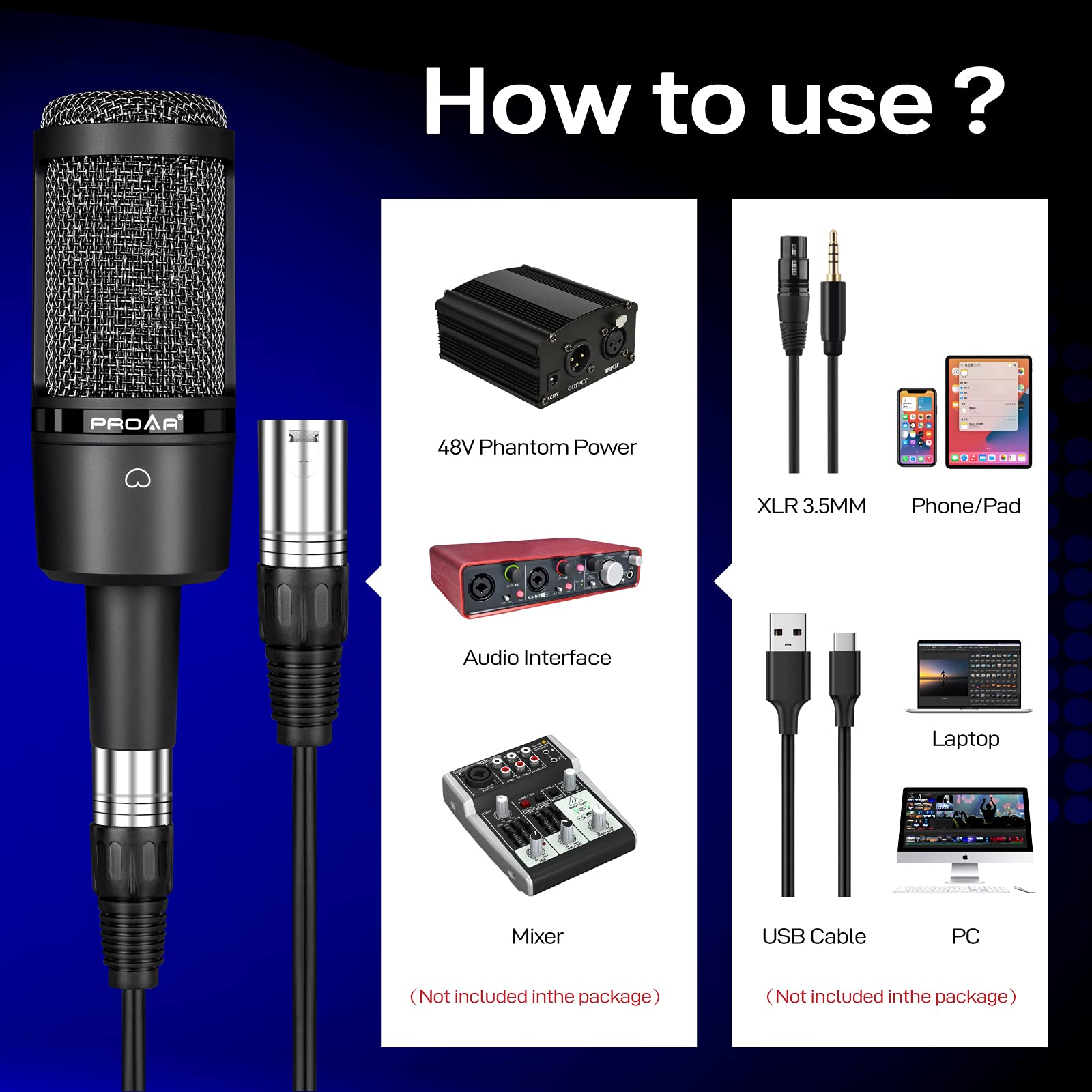 Condenser Microphone XLR,Professional Studio Recording Microphone for Computer PC,Cardioid Podcast Mic Kit with Boom Arm,Gaming