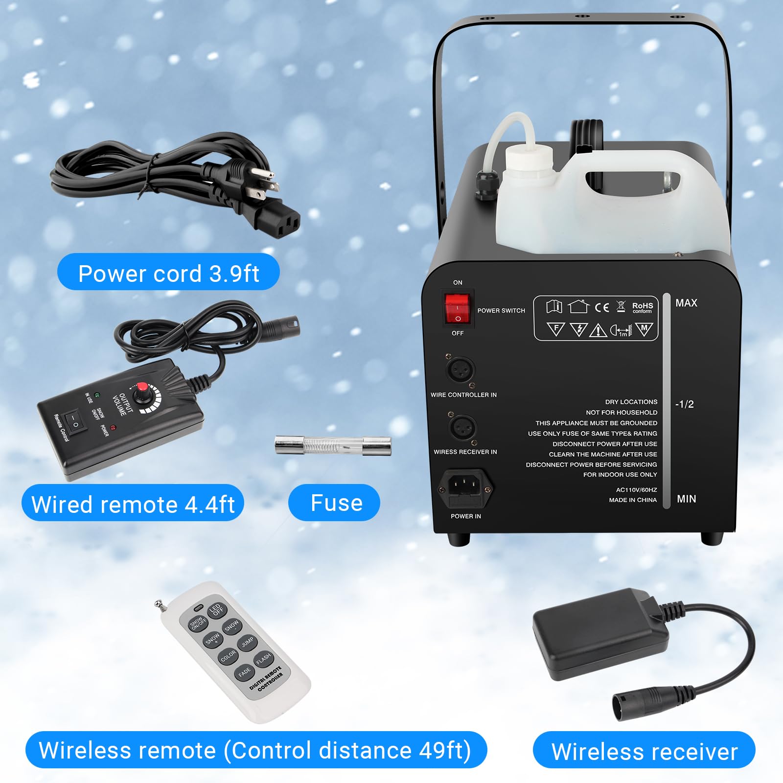Snow Machine with 9LEDs Light for Party - YeeSite 1500W Snow Making Machine with 7 Color Lights Effect Snowflake Maker Remote Co