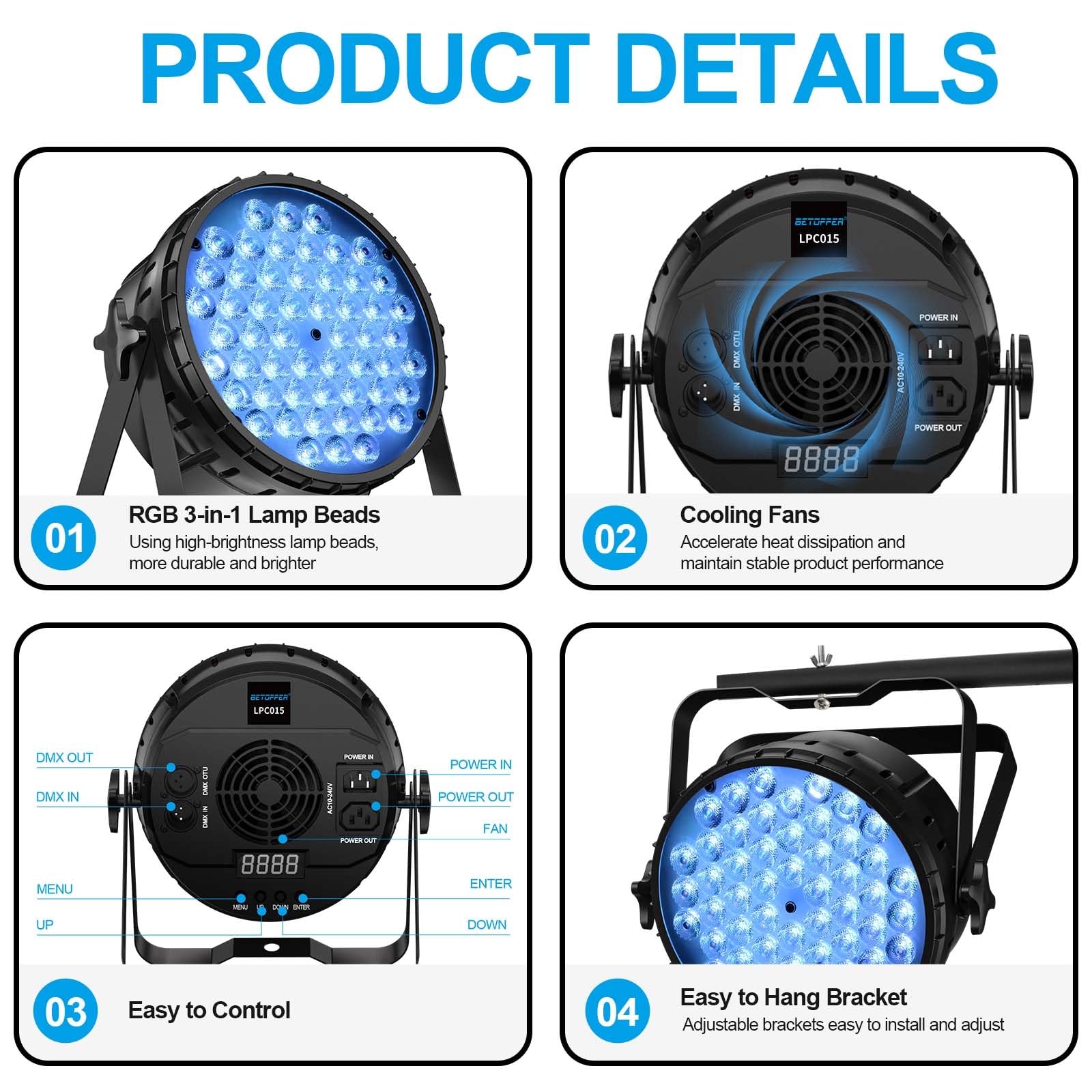 BETOPPER DJ Light 2 Pack, 54x3W LED Par Lights, DMX Stage Lights Sound Activated, Strobe Wash Lighting for Wedding, Church, Part
