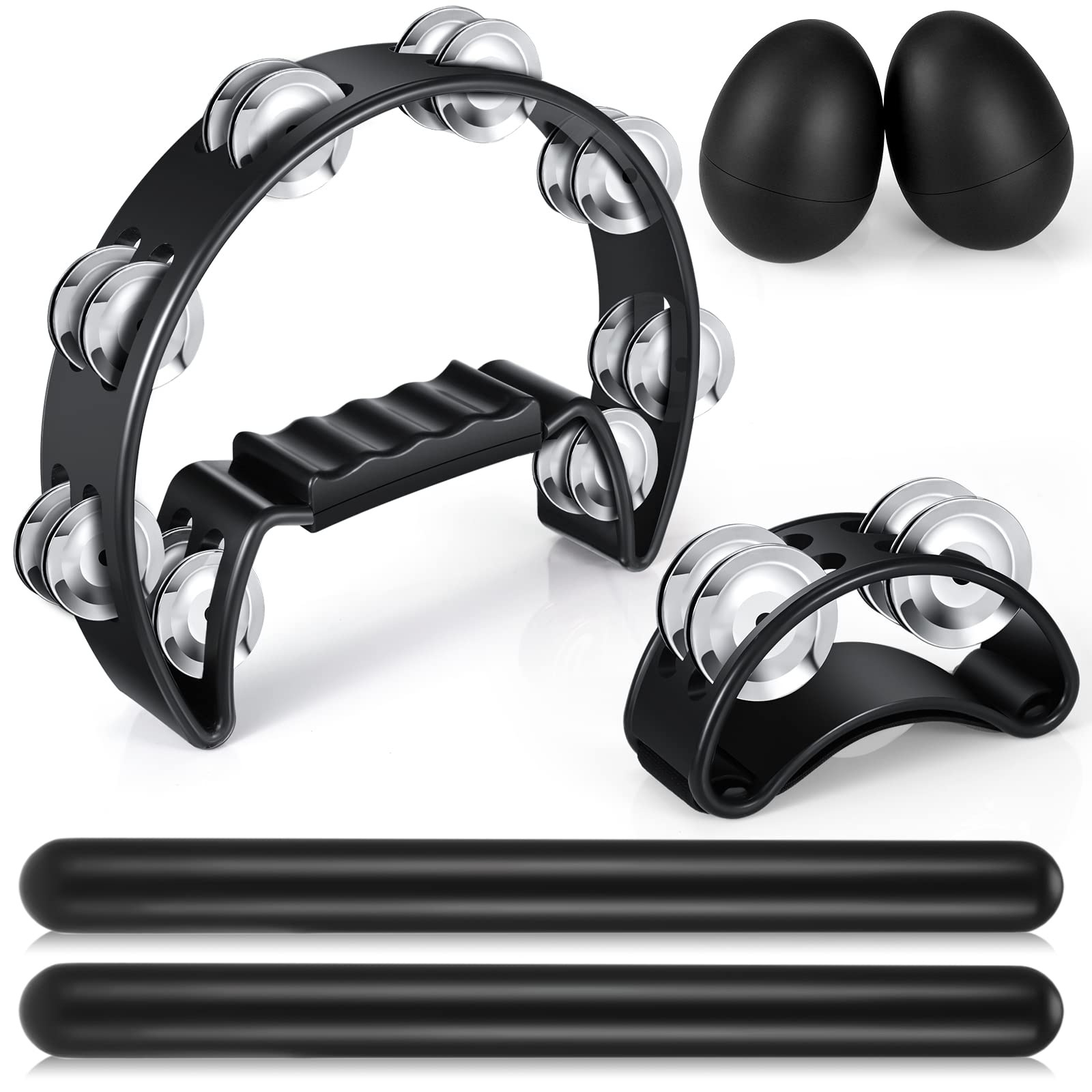 Yeshone 6 Pcs Tambourines for Adults, Hand Held Half Moon Tambourine Foot Tambourine with Bells Wood Rhythm Sticks Egg Shakers M