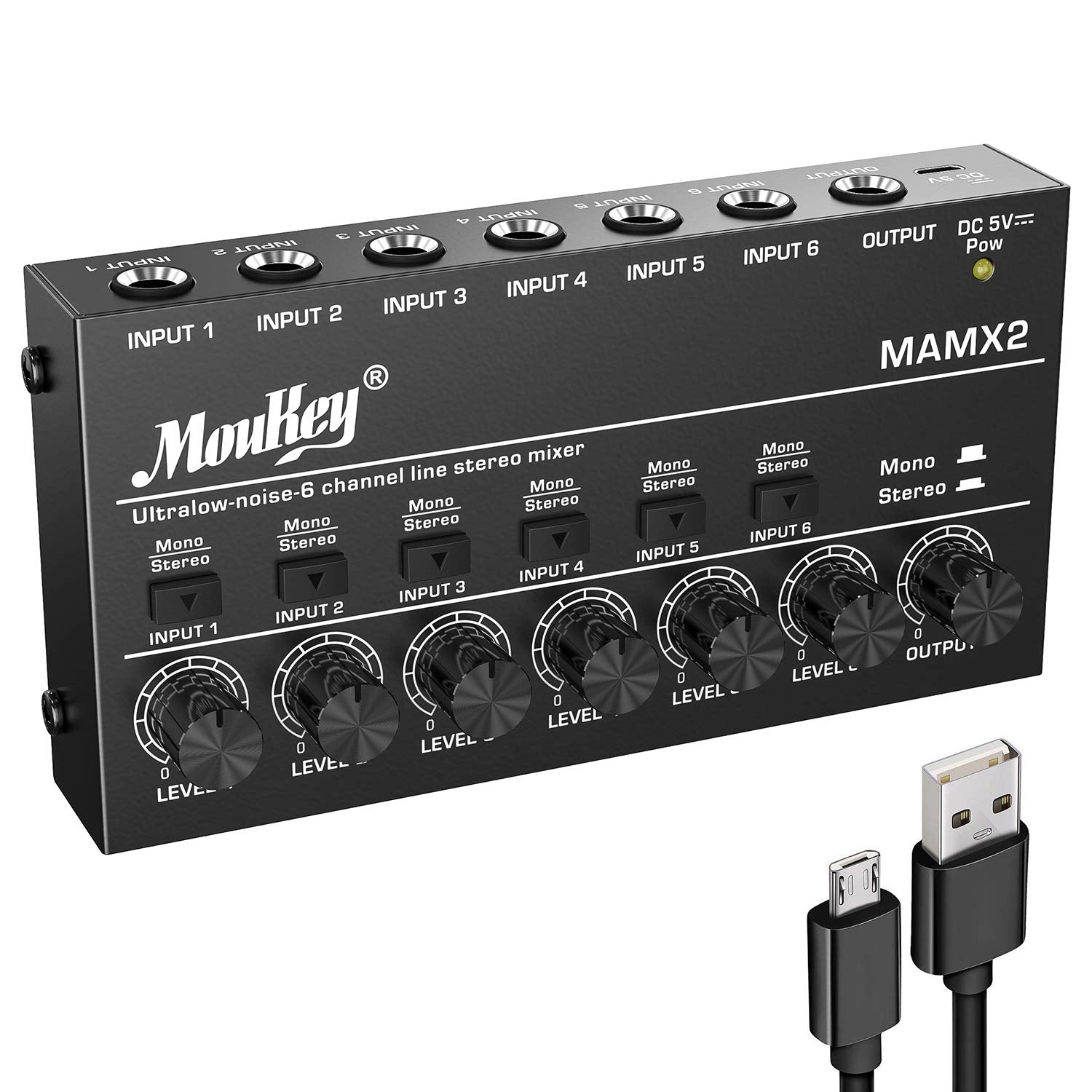 Moukey Audio Mixer, DC 5V, 6 Stereo Ultra, Low Noise 6 Channel Line Mixer for Sub-Mixing, for Small Clubs or Bars, As Guitars, B