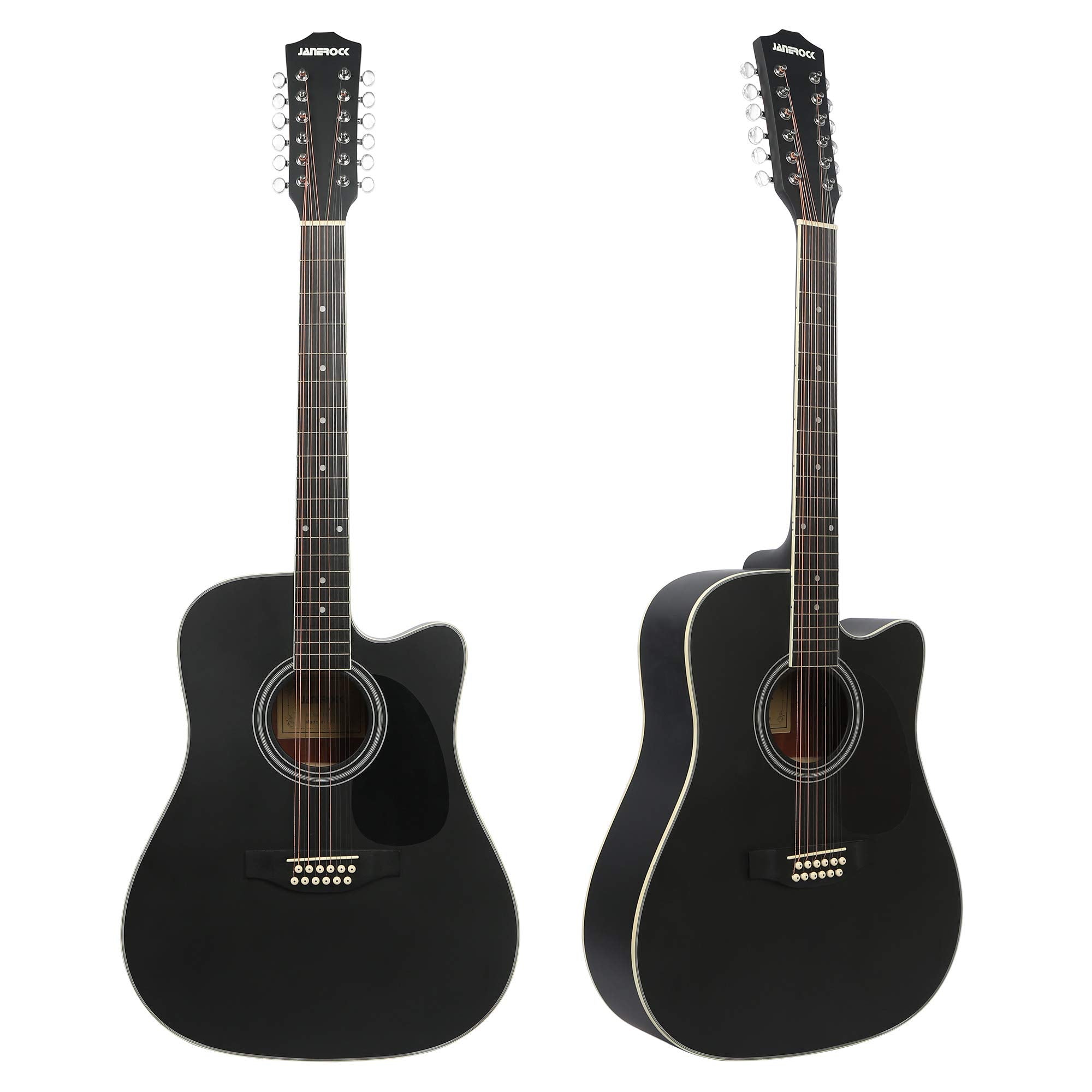12 String Acoustic Guitar Cutaway,Adjustable Truss Rod Full Size Bundle with Gig Bag,Tuner,Strings,Strap, Picks, Black By Janero