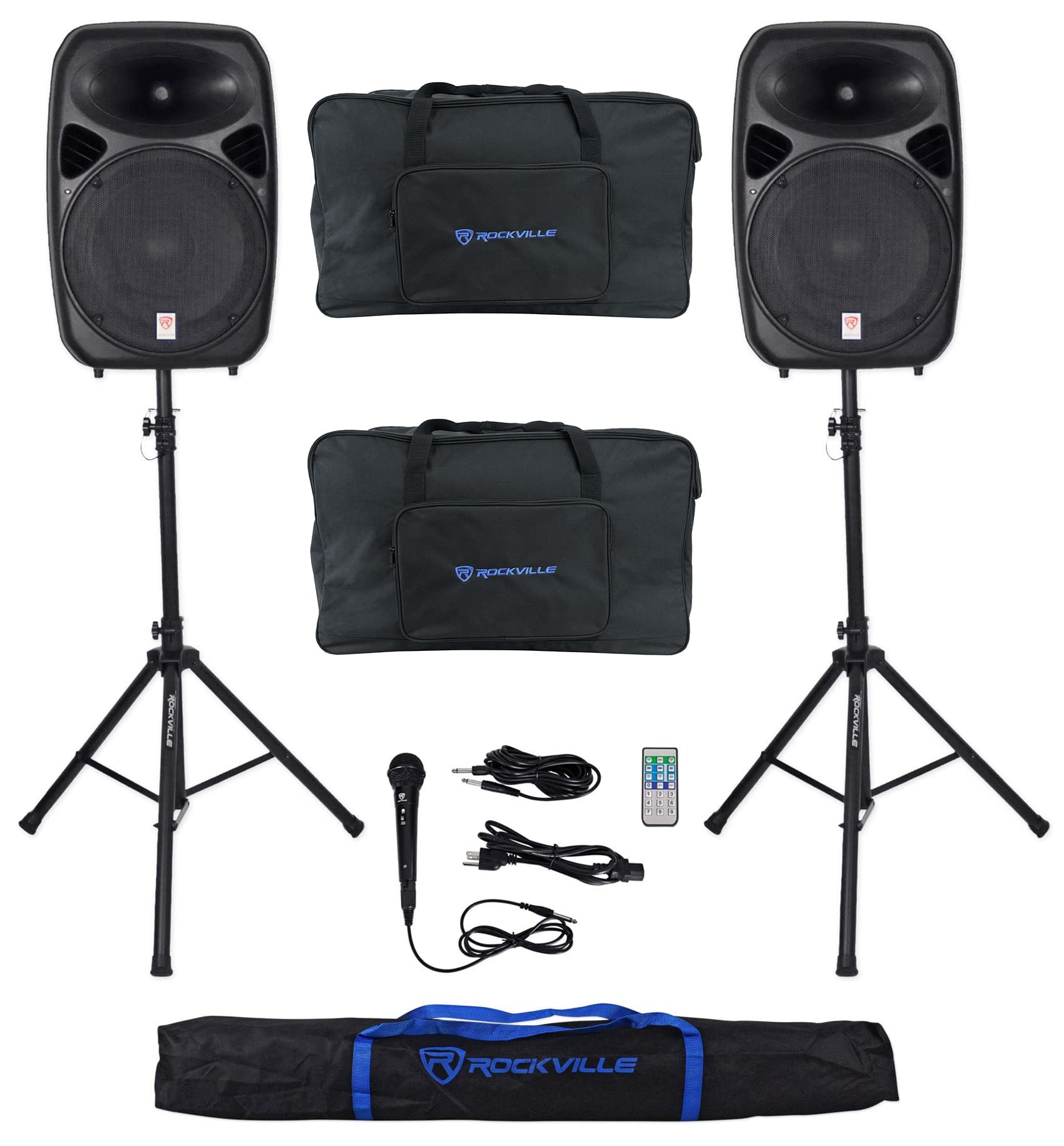 Rockville RPG152K V2 Bundle: 15 1500W Active and Passive DJ PA Speakers with Mics, Cables, and Remote, (2) Adjustable Tripod Sta