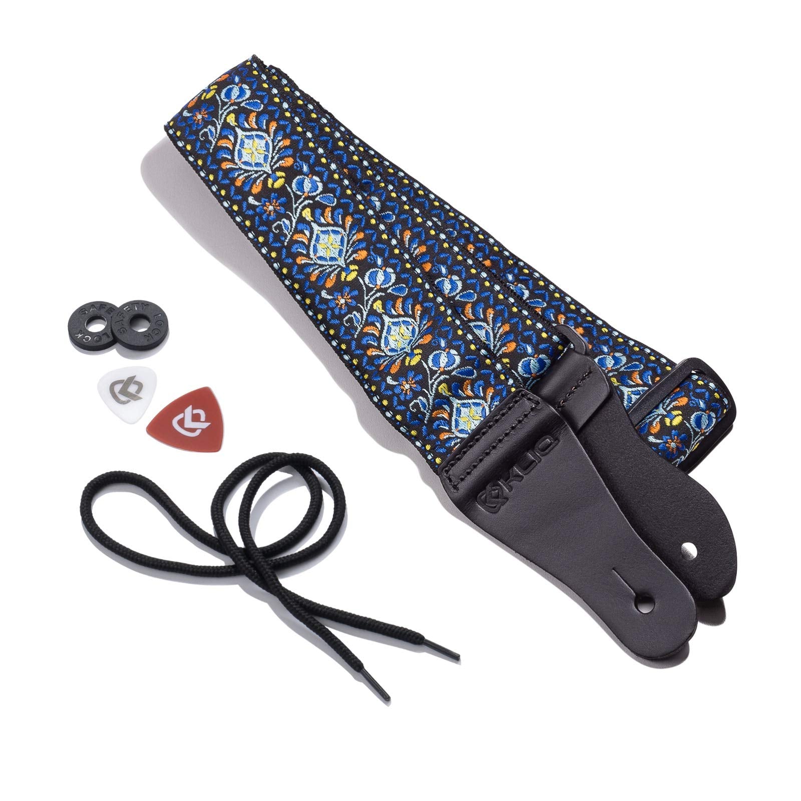 Kliq Vintage Woven Guitar Strap For Acoustic And Electric Guitars + 2 Free Rubber Strap Locks, 2 Free Guitar Picks And 1 Free La