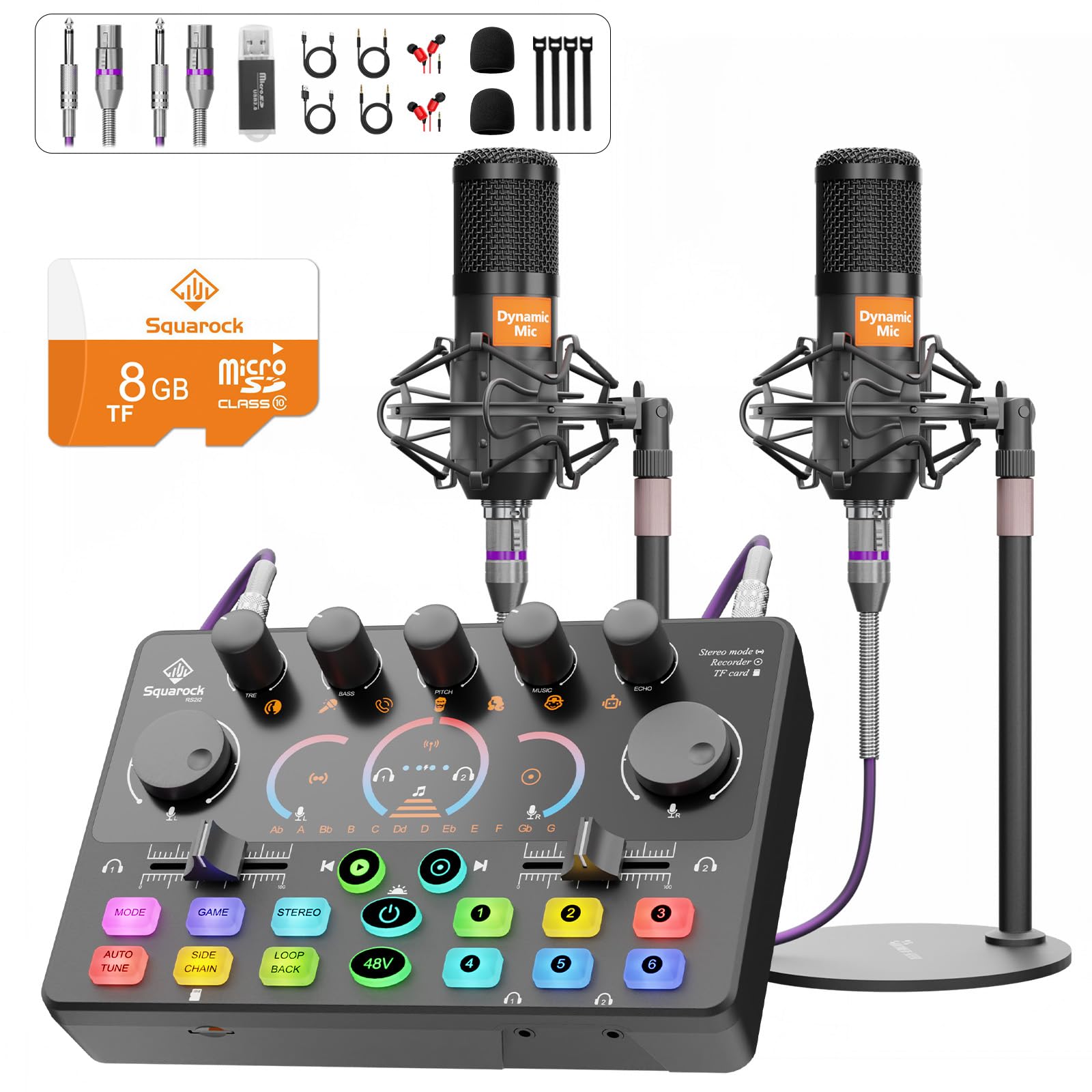 Podcast Equipment Bundle for 2, Audio Mixer with 8GB Memory Card and Dynamic Mics,RGB,Built-in Recorder, Customize Button, Stere