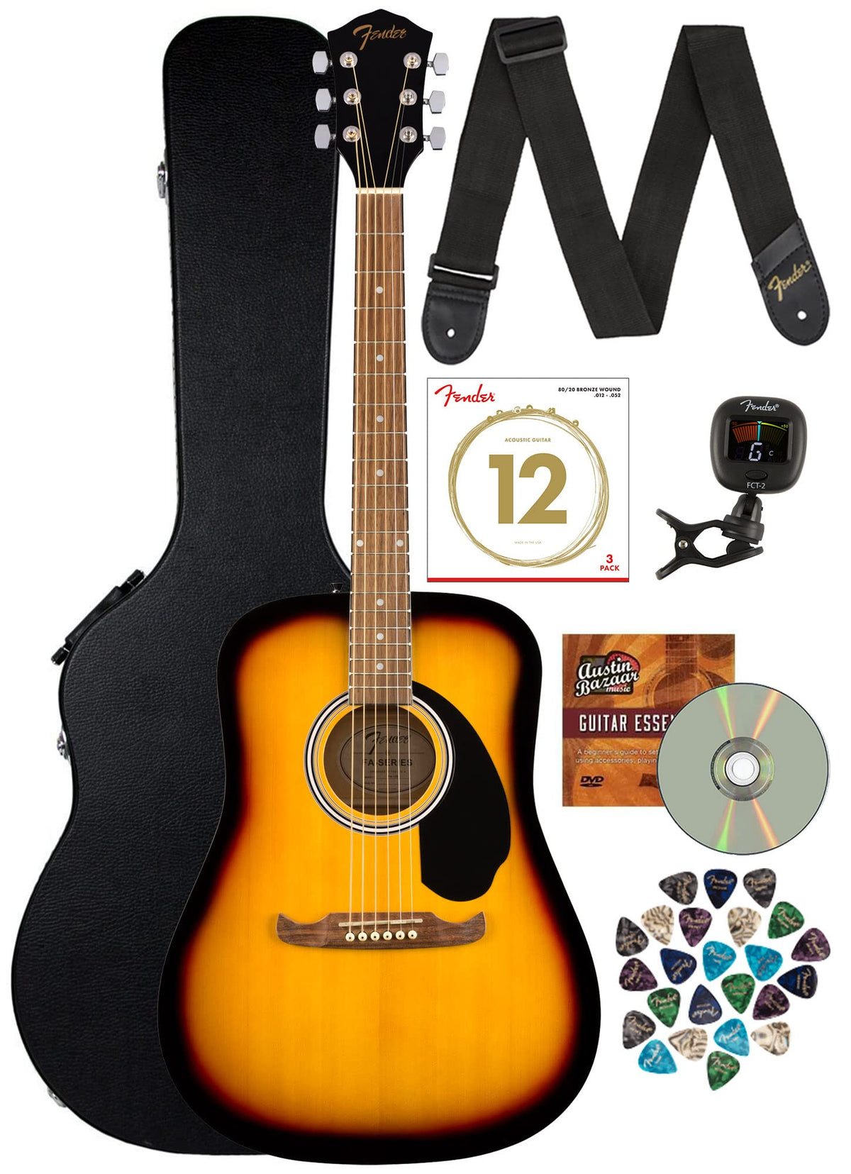 Fender Fa-125 Dreadnought Acoustic Guitar - Sunburst Bundle With Hard Case, Tuner, Strings, Strap, Picks, And Austin Bazaar Inst