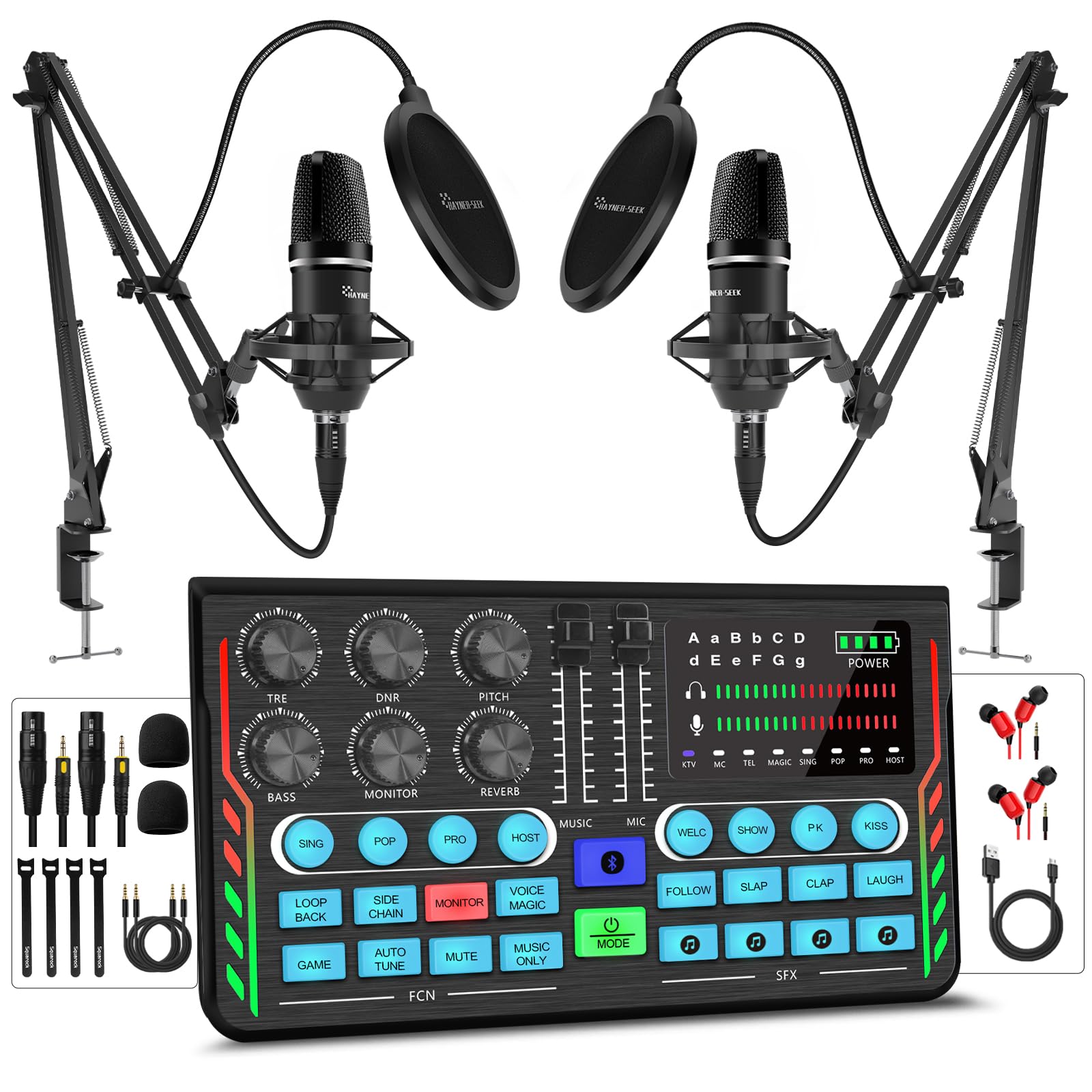 Hayner-Seek Podcast Equipment Bundle for 2, DJ Mixer with 3.5mm Diaphragm Condenser Microphone for Live Streaming, Podcast Recor
