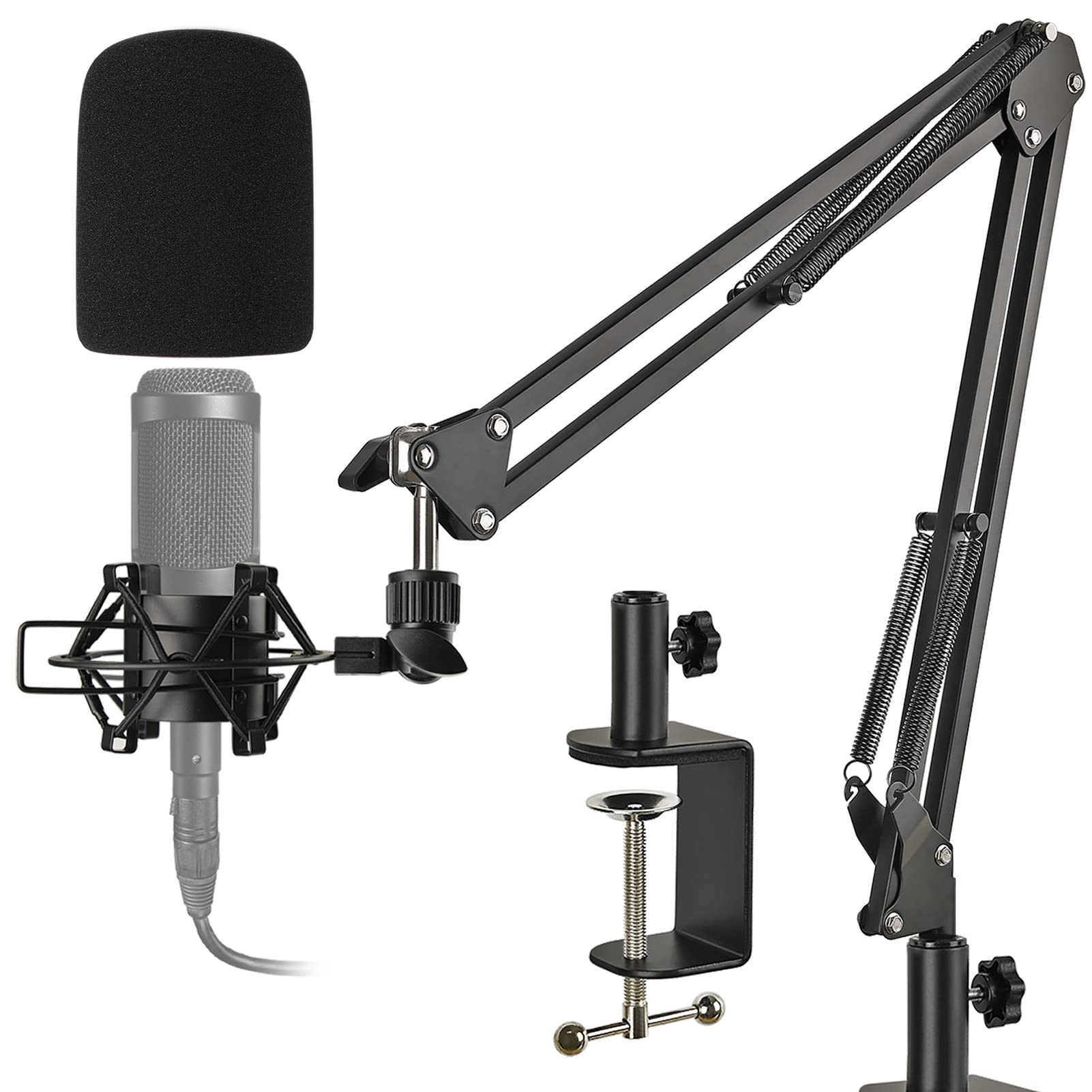 Mic Stand With Metal Shock Mount, Pop Filter, Suspension Scissor Boom Arm With Upgraded Heavy Duty Clamp For Audio Technica At20