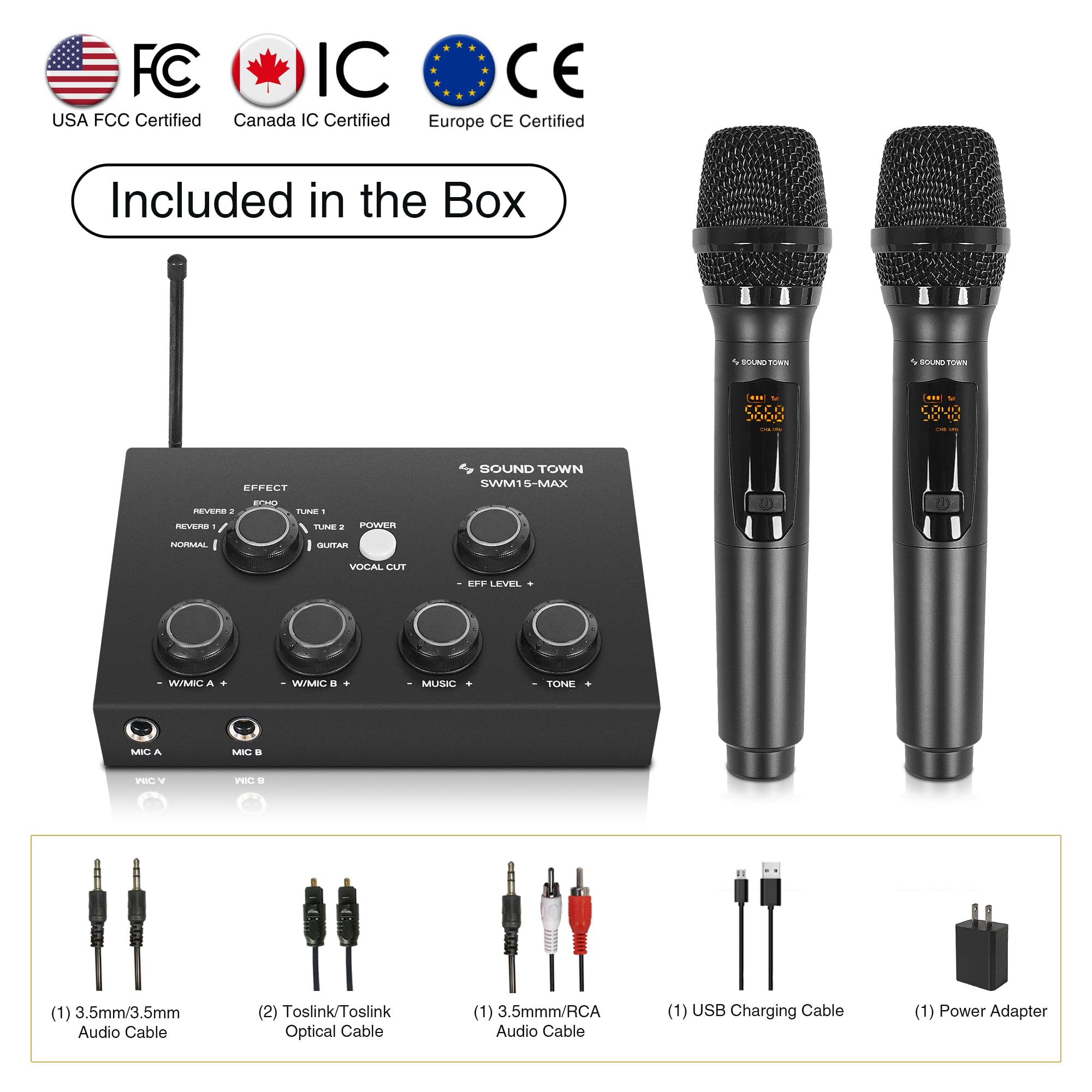 Sound Town 16 Channels Wireless Microphone Karaoke Mixer System w/ 2 Wireless Mics, HD ARC, Optical (Toslink), AUX, Supports Sma