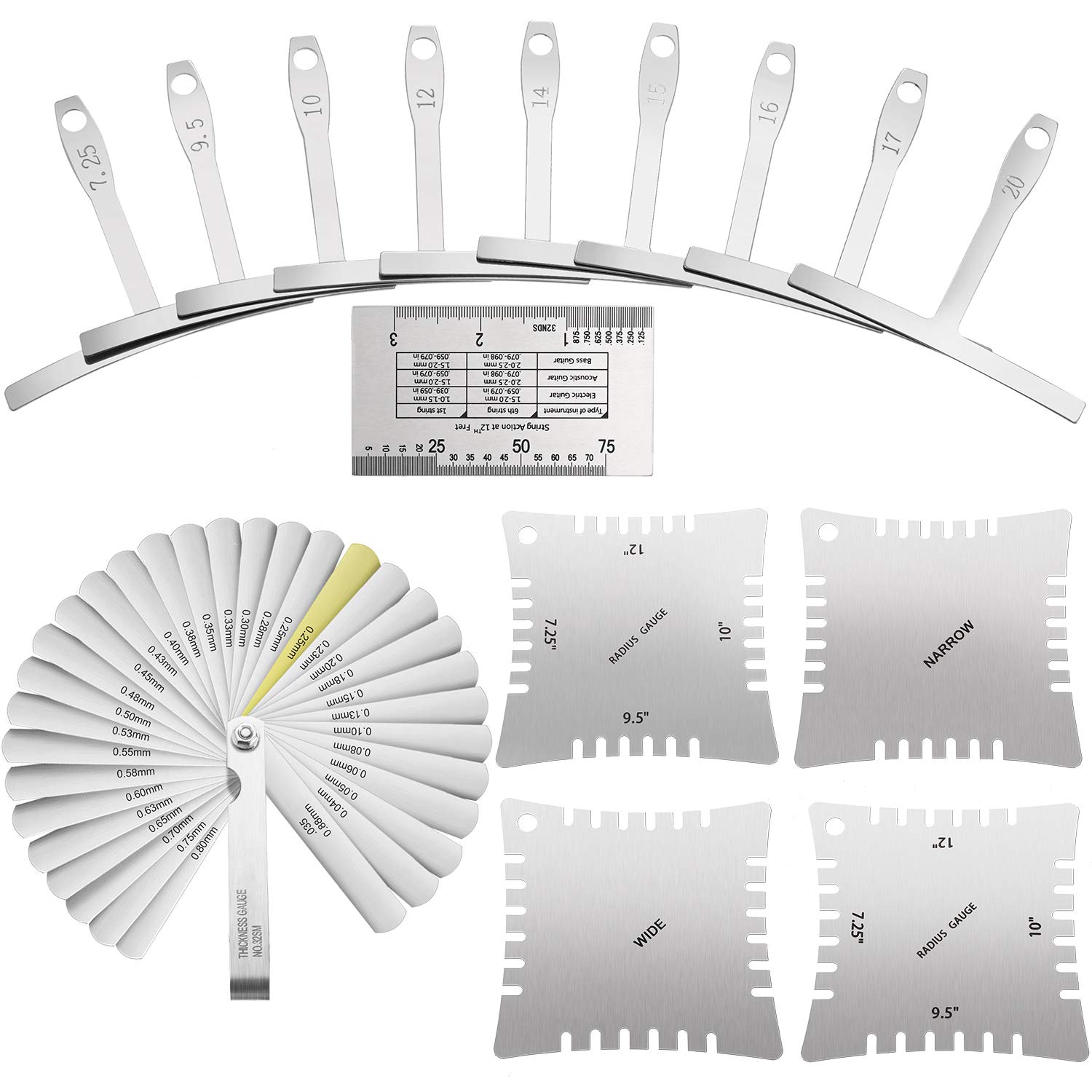 15 Pieces Guitar Luthier Tools Set Including Radius Gauge String Action Ruler 32 Blades Feeler Gauge for Guitar and Bass Setup