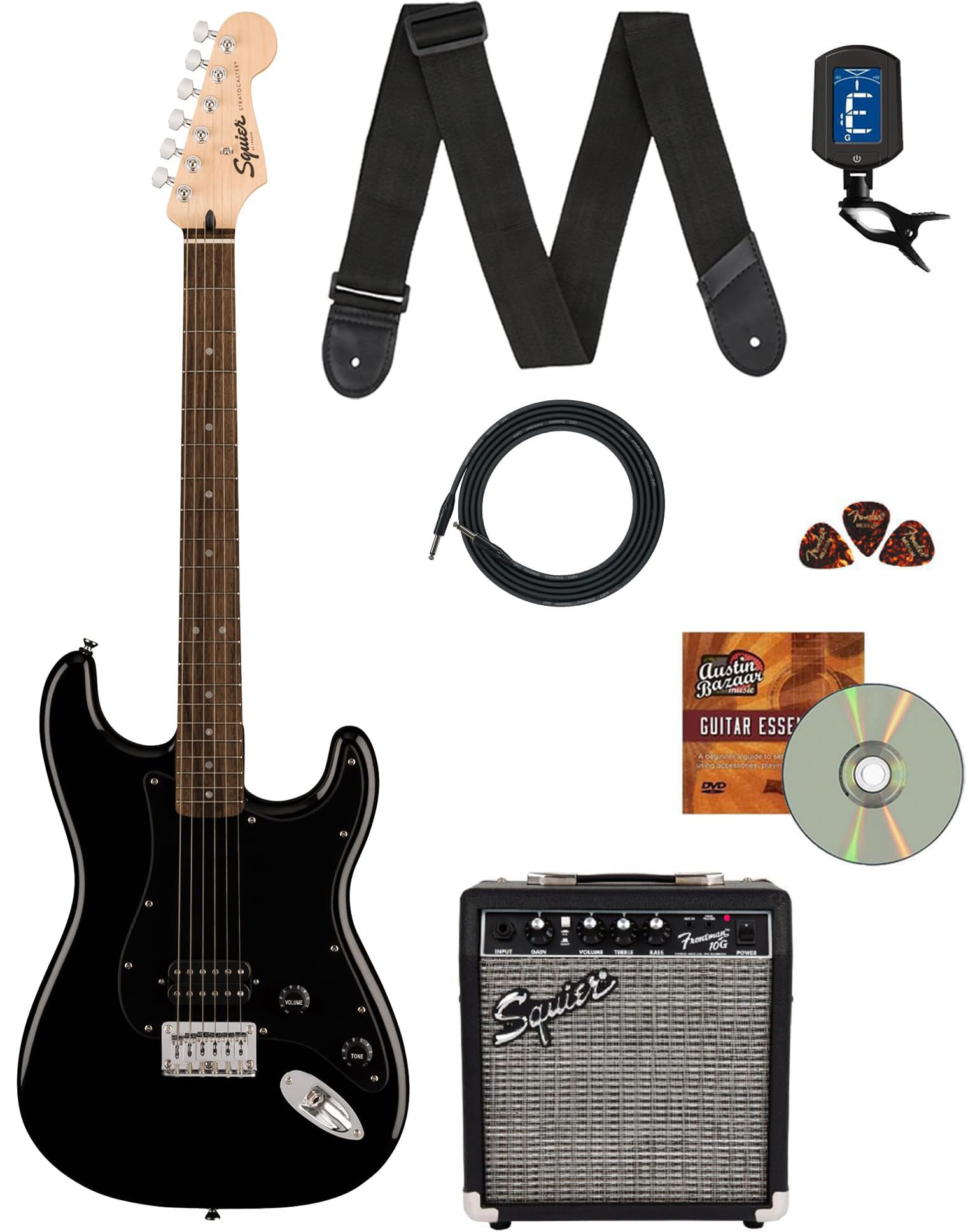 Fender Squier Sonic Stratocaster Ht H - Black Bundle With Amp, Tuner, Strap, Cable, Picks, And Austin Bazaar Guitar Dvd