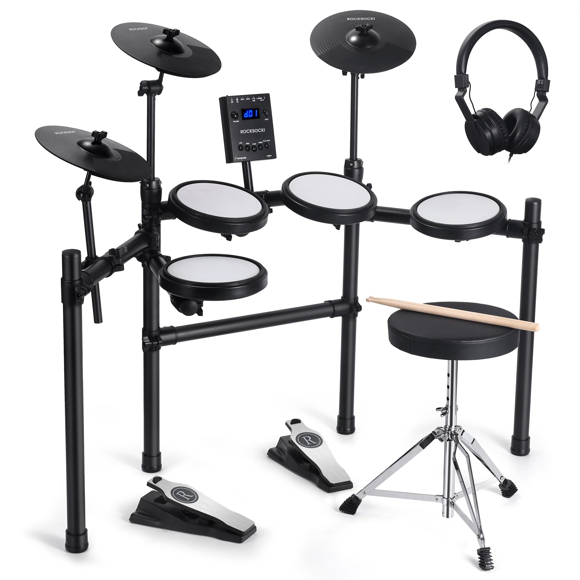 Rocksocki Electric Drum Set, Electronic Drum Kit for Beginner Junior with 180 Sounds, 4 Quiet Mesh Pads, 9 Cymbals, USB MIDI, 2 