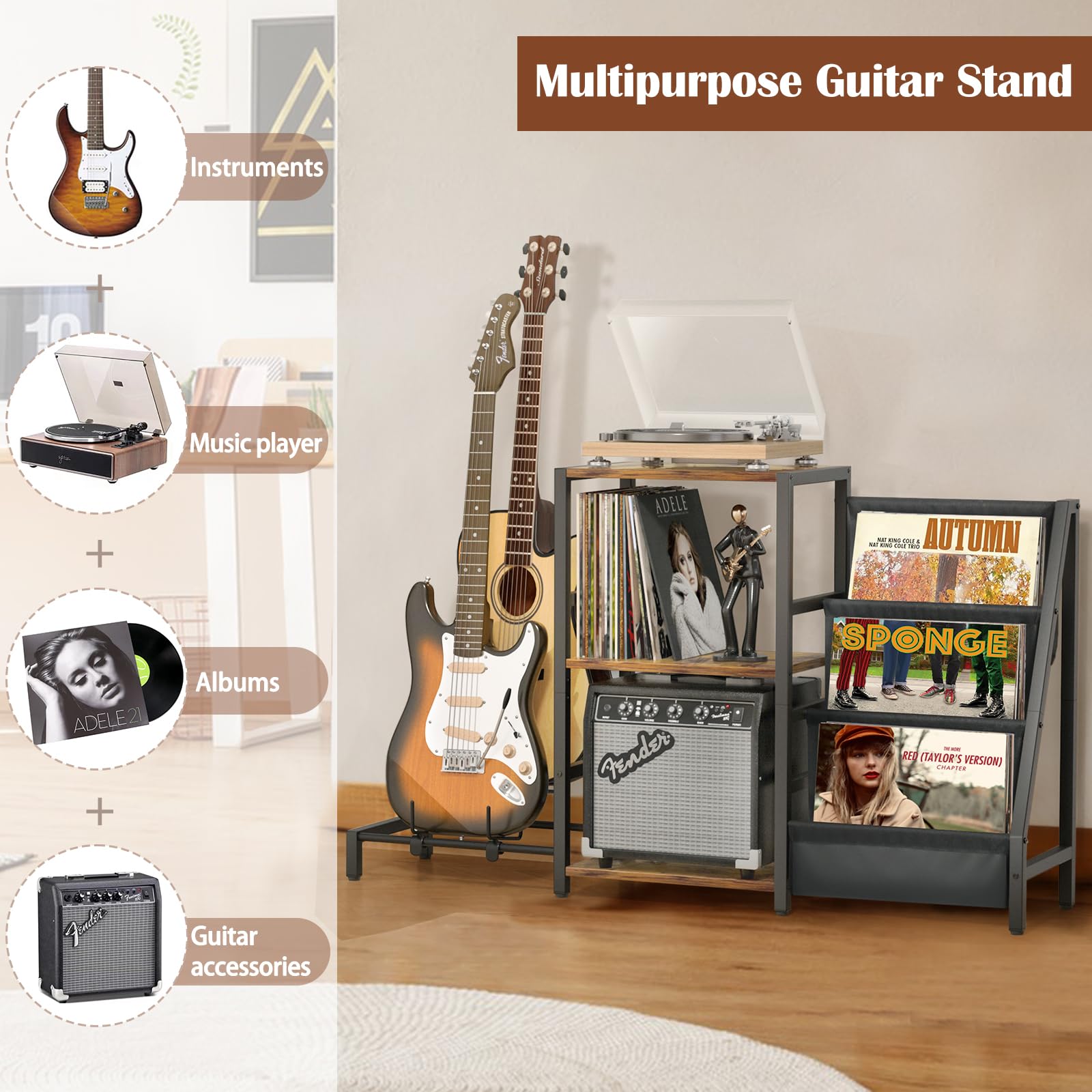 Bikoney Record Player Stand with Guitar Holder, Guitar Rack for Acoustic, Electric Guitar, Bass, Guitar Stand Multiple Guitars,