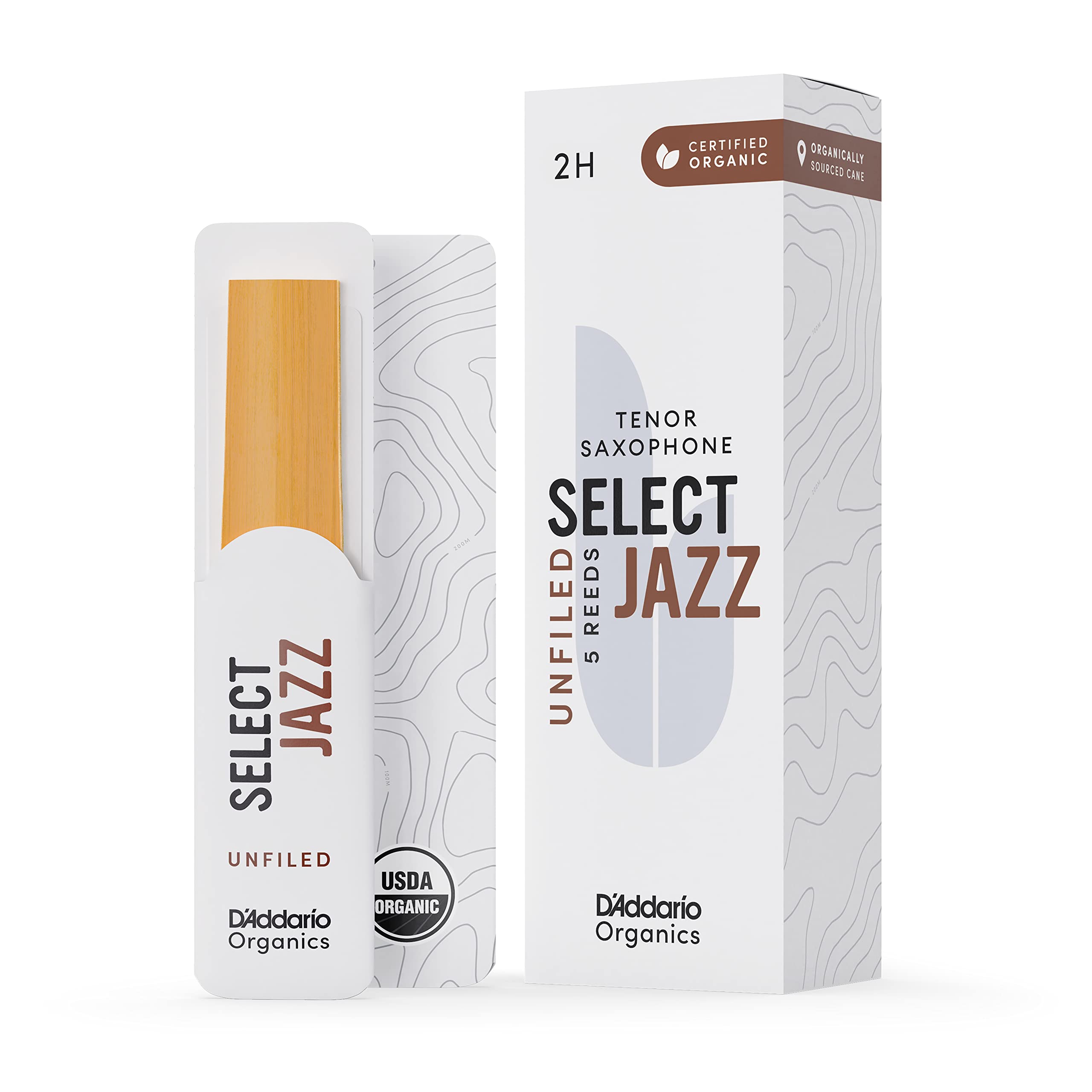 DAddario Select Jazz Unfiled Sax First & Only Organic 2 Hard, 5 Pack Tenor Saxophone Reeds (ORRS05TSX2H)