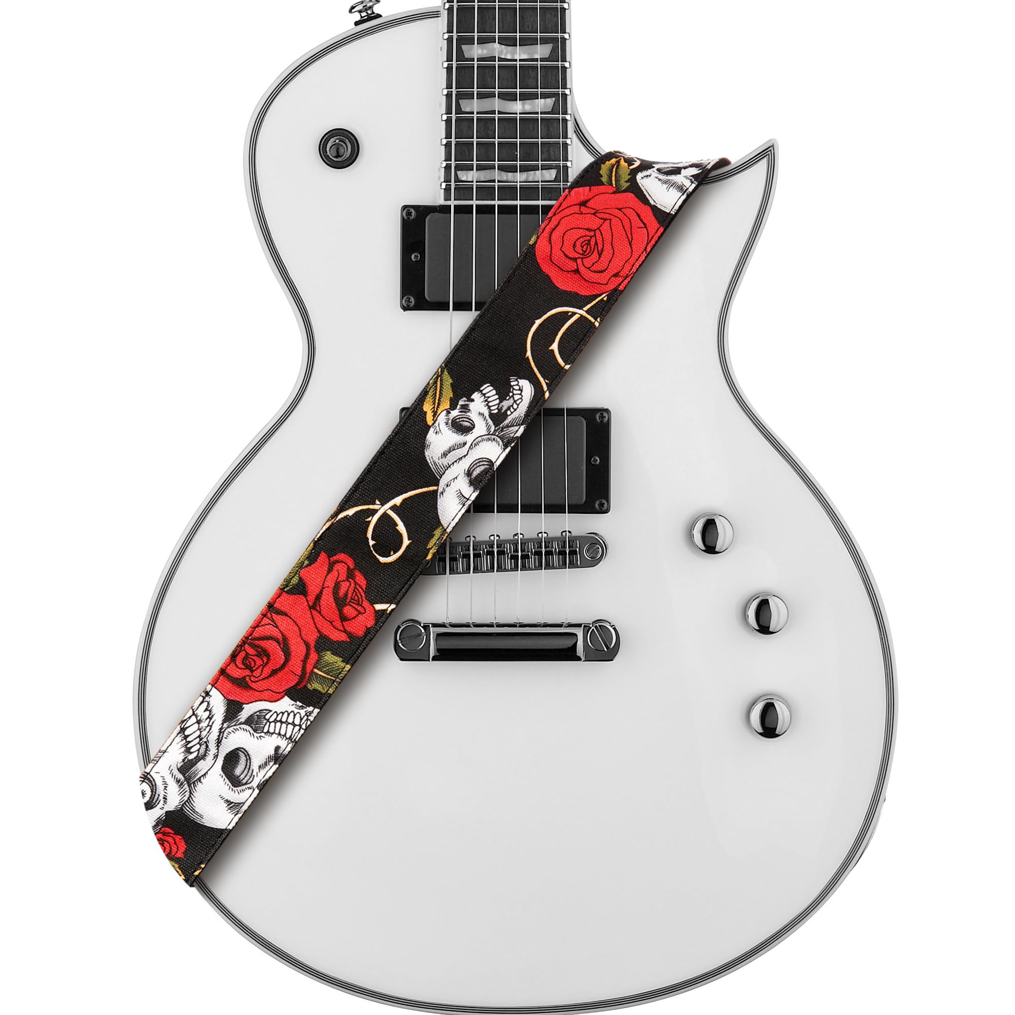 Amumu Skull Rose Guitar Strap Red Denim For Acoustic, Electric And Bass Guitars With Strap Blocks & Headstock Strap Tie - 2'' Wi