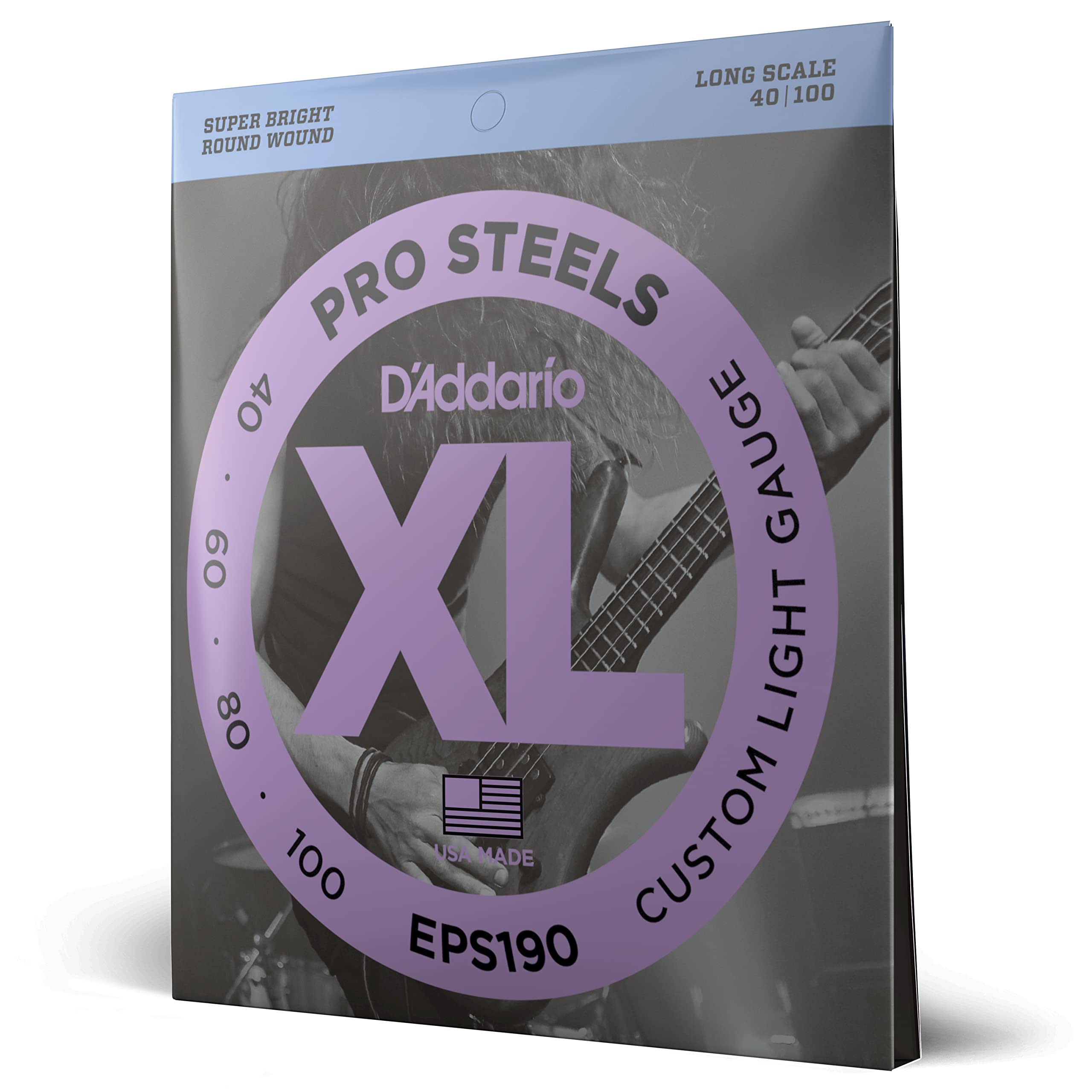 D'Addario Bass Guitar Strings, Xl Pro Steels, Eps190, Long Scale, Custom Light Gauge 40-100, 4-String Set, Pack Of 1