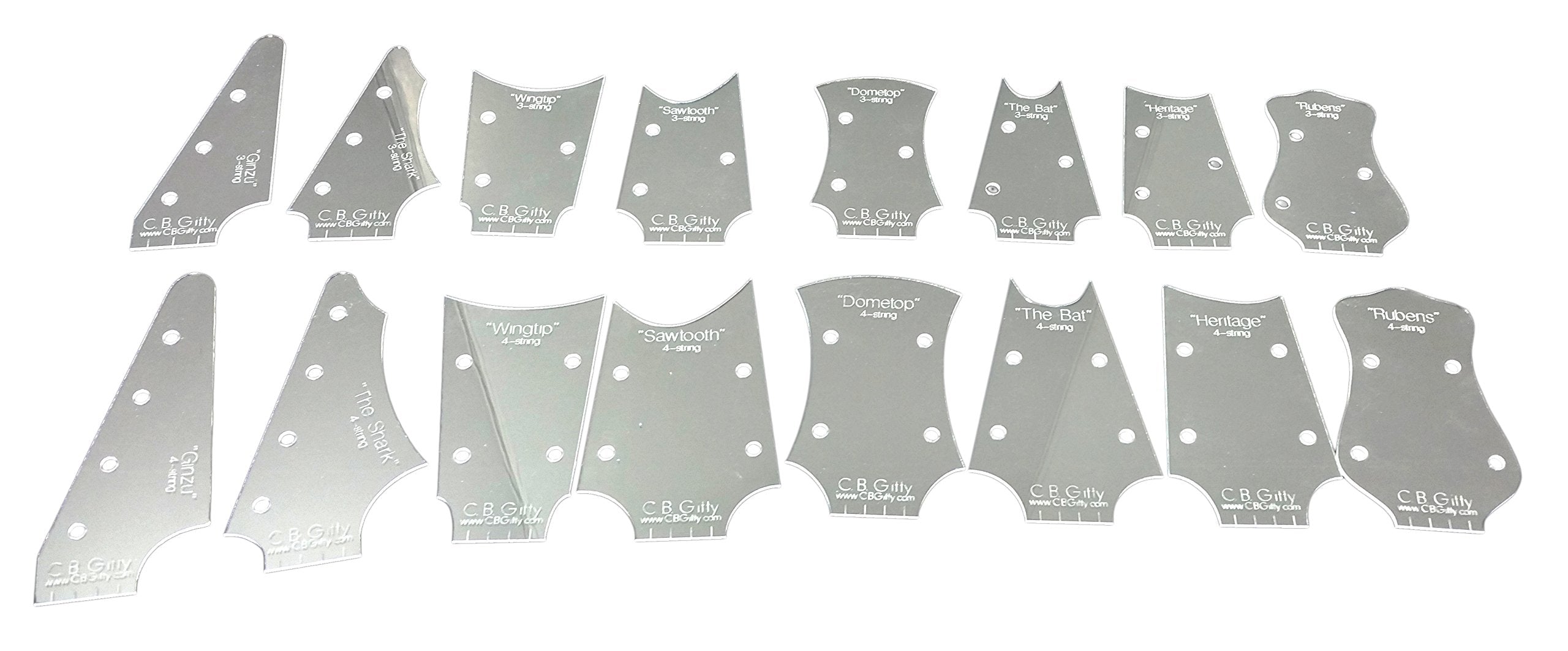 16Pc. Cigar Box Guitar Headstock Shape Templates - 2 Sizes Each Of 8 Different Custom Designs