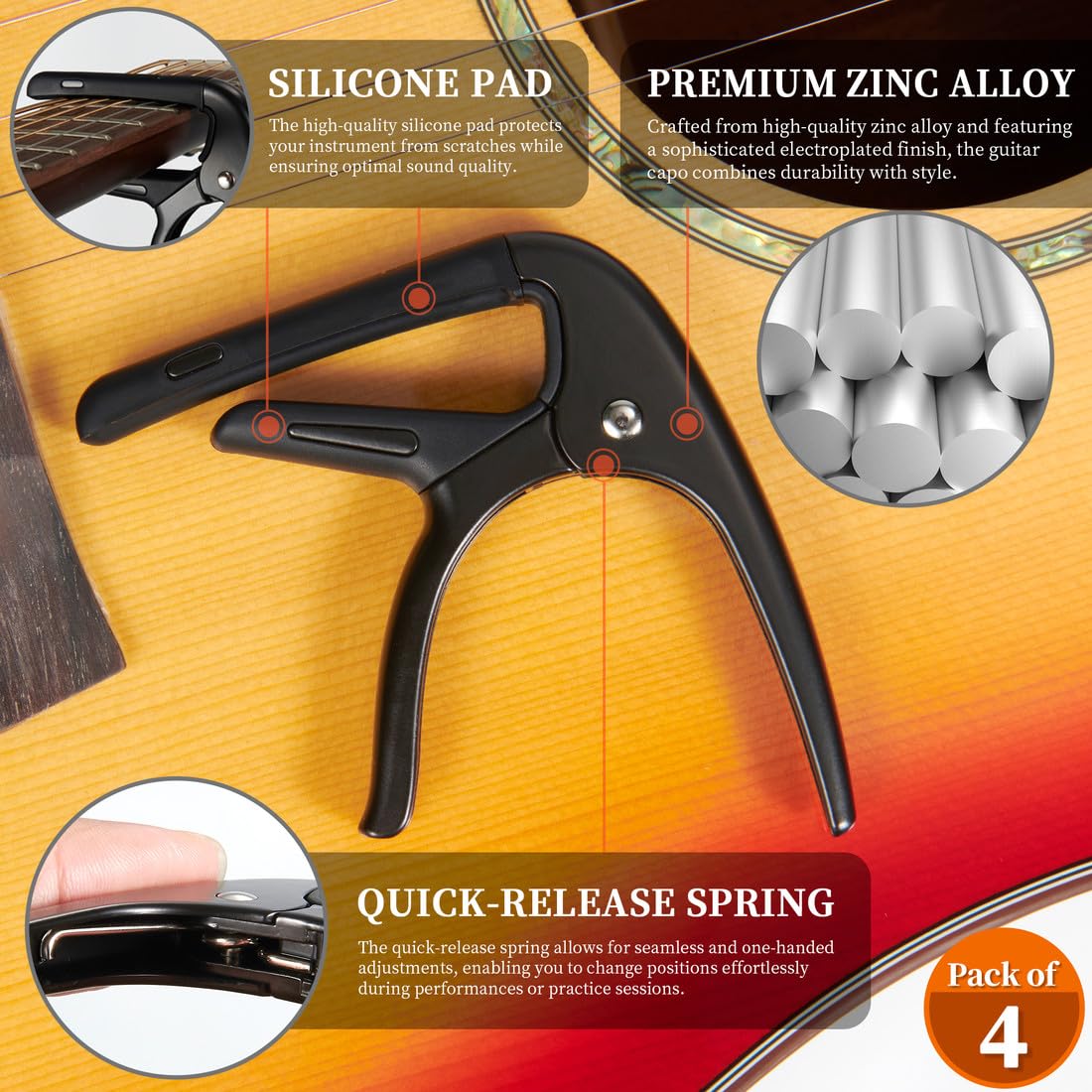 Guitar Capo for Acoustic and Electric 6 String Guitars (4 Pack Black Capo)