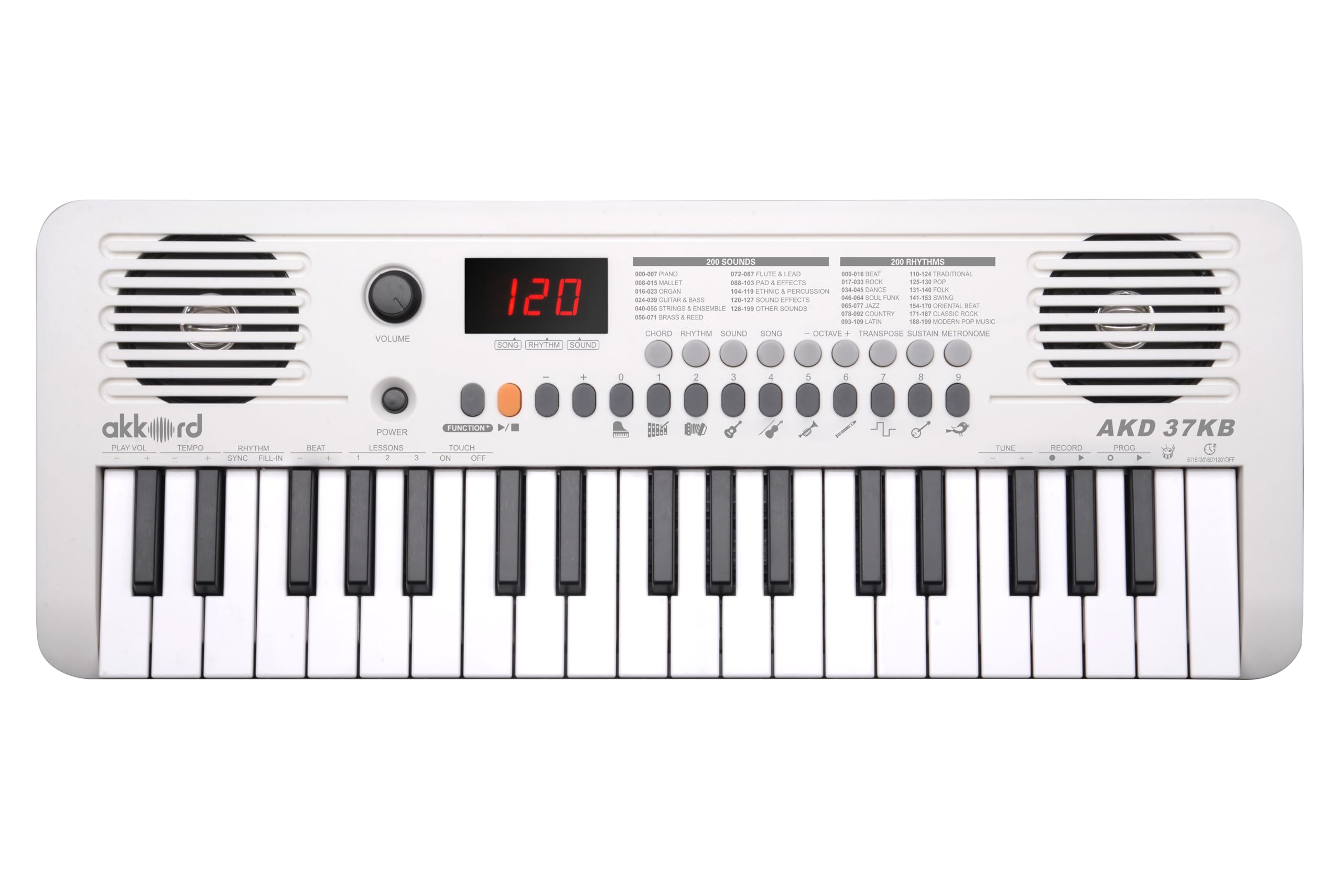 Akkord 37 Keys Music Keyboard  White Edition | Midi Usb-C, Touch Response, 200 Rhythms, Tones & 40 Demos, Led Display, Portable 