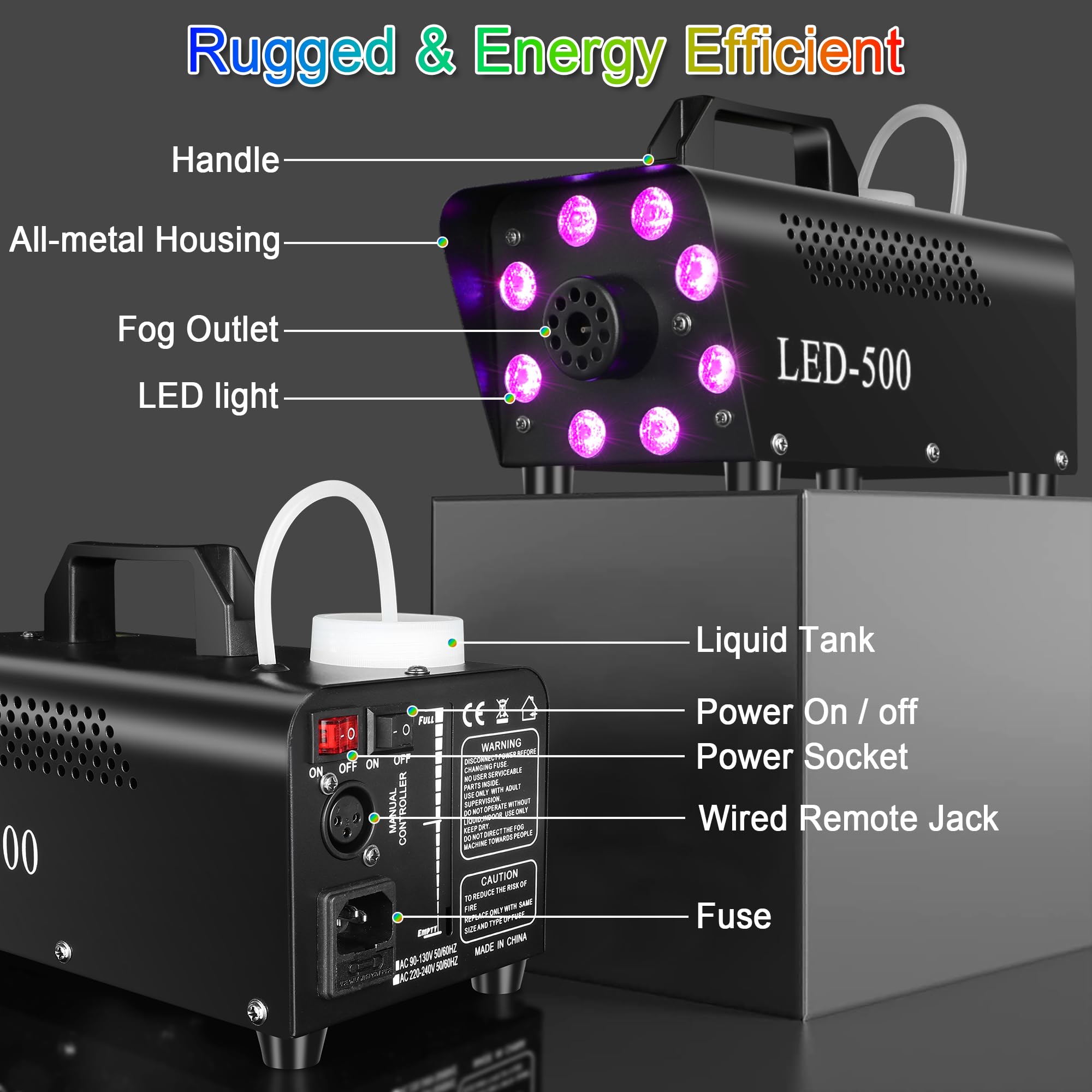 Fog Machine, Smoke Machine with 13 Colors 8 LED Lights for Halloween Indoor Outdoor Party