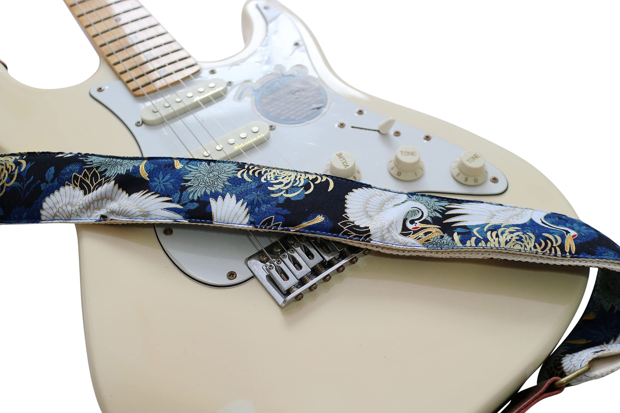 MUSIC FIRST Original Design, 2 inch width (5cm), Vintage Ukiyoe Style Chrysanthemum & Crane in Blue Electric Guitar Strap Bass S