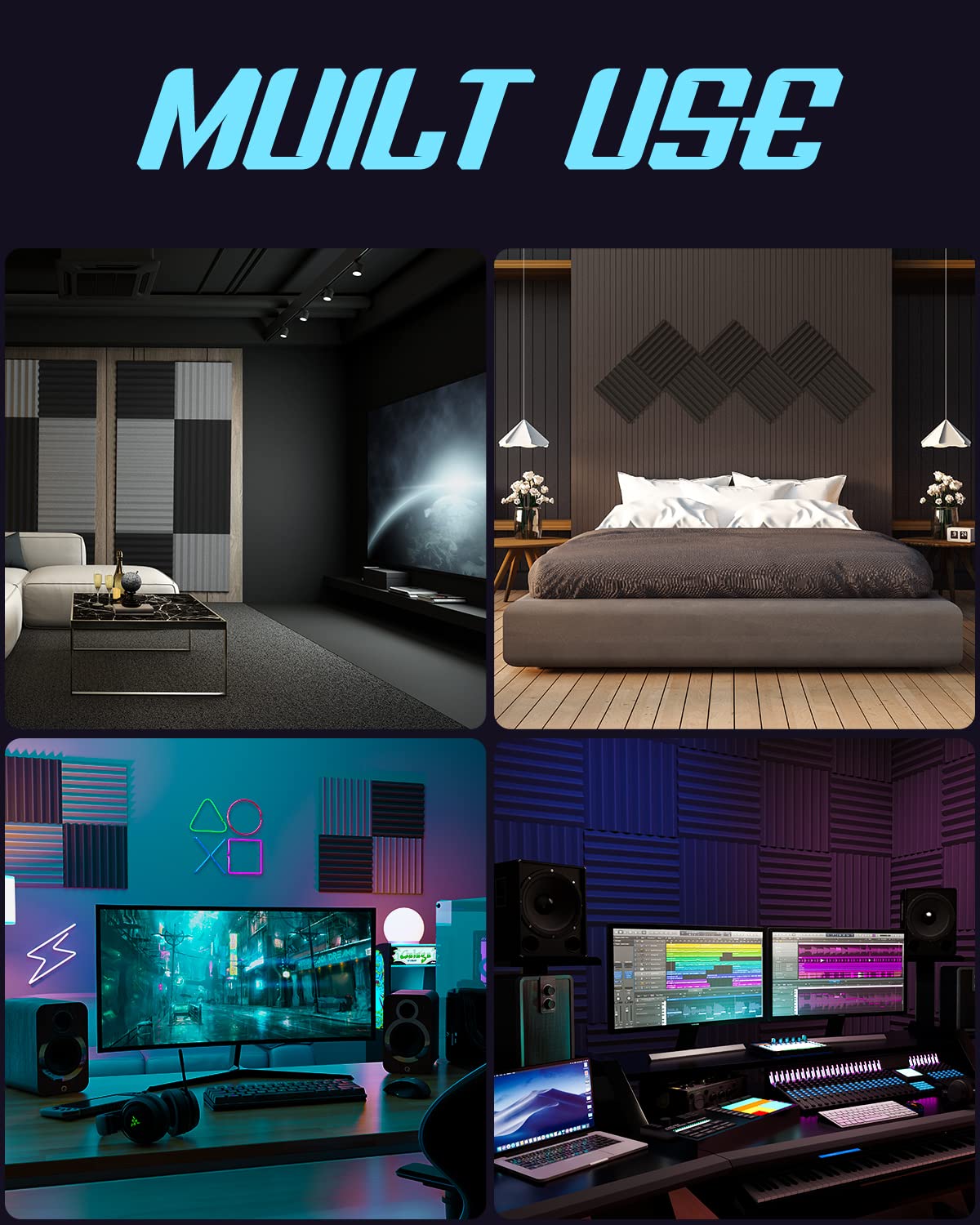 LEIYER Upgrade 12 pack Sound Proof Foam Panels With Self-Adhesive, 2'' X 12'' X 12'' Quick-Recovery Acoustic Panels, Acoustic Fo