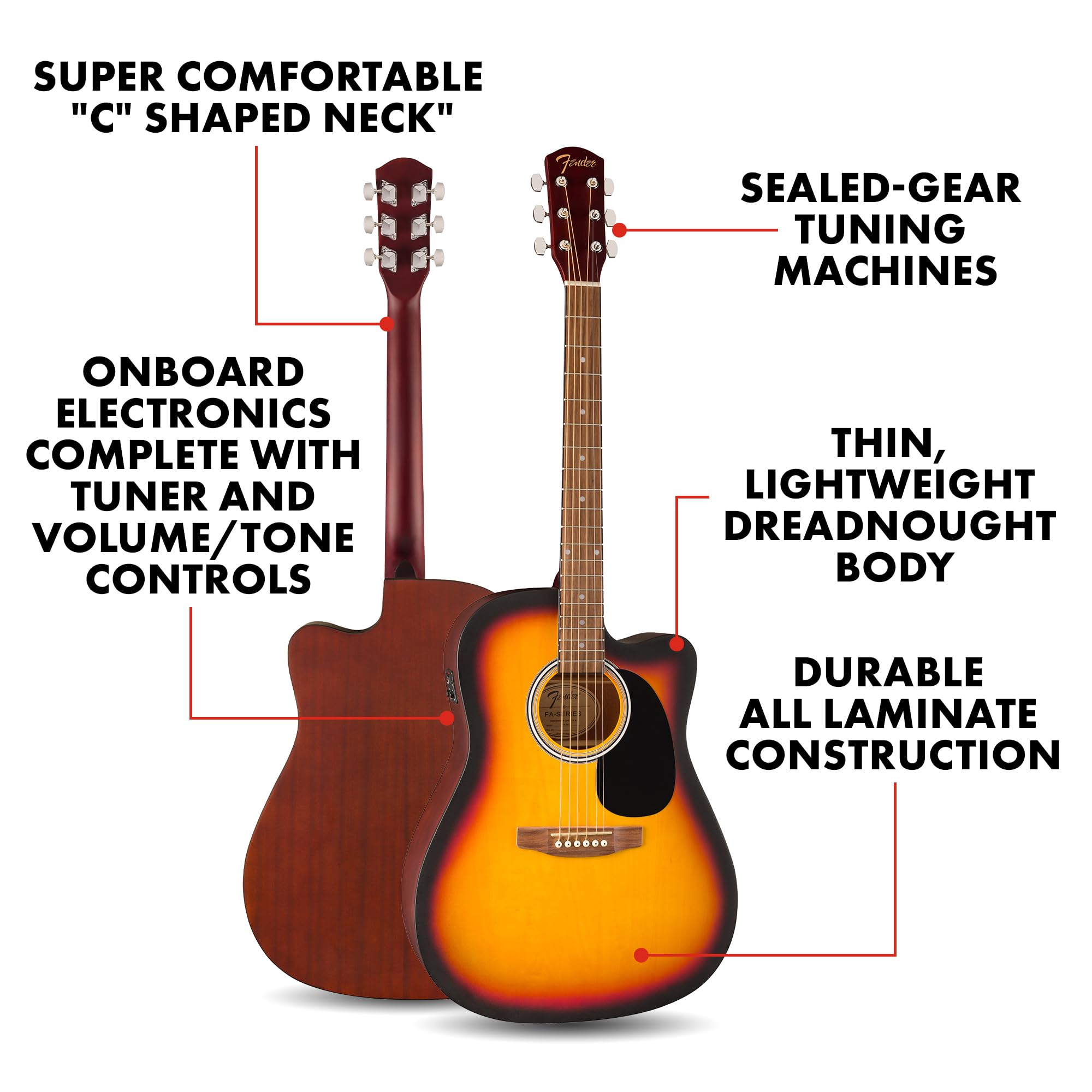 Fender FA-25CE Dreadnought Acoustic Electric Guitar, Beginner Guitar, with 2-Year Warranty, Includes Built-in Tuner and On-Board